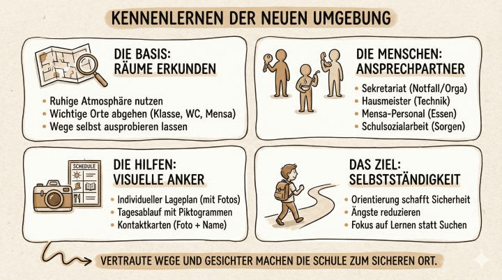 Hier ist der rein deskriptive ALT-Text für die Sketchnote „Kennenlernen der neuen Umgebung“, erstellt nach dem bewährten System für WordPress:

ALT-Text Entwurf:

Sketchnote auf beige-farbenem Hintergrund mit schwarzen Konturen und Akzenten in Gold und Braun. Die Überschrift in einem braun schattierten Feld lautet „KENNENLERNEN DER NEUEN UMGEBUNG“. Das Bild ist in vier abgerundete Kästen unterteilt, die in einem 2x2-Raster angeordnet sind.

Kasten 1 (oben links): Überschrift „DIE BASIS: RÄUME ERKUNDEN“. Symbole: Ein gefalteter Lageplan, über dem eine Lupe liegt. Text darunter: „Ruhige Atmosphäre nutzen“, „Wichtige Orte abgehen (Klasse, WC, Mensa)“ und „Wege selbst ausprobieren lassen“.

Kasten 2 (oben rechts): Überschrift „DIE MENSCHEN: ANSPRECHPARTNER“. Symbole: Drei stilisierte Figuren; eine hält einen Schlüssel hoch, eine hält eine Suppenkelle in einer Schüssel, eine telefoniert mit einem Hörer. Text darunter: „Sekretariat (Notfall/Orga)“, „Hausmeister (Technik)“, „Mensa-Personal (Essen)“ und „Schulsozialarbeit (Sorgen)“.

Kasten 3 (unten links): Überschrift „DIE HILFEN: VISUELLE ANKER“. Symbole: Eine Fotokamera und ein Plan mit der Aufschrift „SCHEDULE“, der verschiedene Piktogramme (Sonne, Besteck, Buch) zeigt. Text darunter: „Individueller Lageplan (mit Fotos)“, „Tagesablauf mit Piktogrammen“ und „Kontaktkarten (Foto + Name)“.

Kasten 4 (unten rechts): Überschrift „DAS ZIEL: SELBSTSTÄNDIGKEIT“. Symbol: Ein Kind mit Rucksack auf dem Rücken geht einen geschwungenen, perspektivisch gezeichneten Pfad entlang. Text darunter: „Orientierung schafft Sicherheit“, „Ängste reduzieren“ und „Fokus auf Lernen statt Suchen“.

Am unteren Bildrand befindet sich ein braun schattierter Balken mit einem geschwungenen Pfeil, der von links darauf zeigt. Der Text im Balken lautet in Großbuchstaben: „VERTRAUTE WEGE UND GESICHTER MACHEN DIE SCHULE ZUM SICHEREN ORT.“