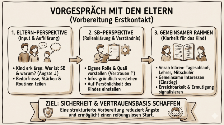 Sketchnote auf beige-farbenem Hintergrund mit schwarzen Konturen und Akzenten in Gold und Braun. Am oberen Rand befindet sich die Überschrift „VORGESPRÄCH MIT DEN ELTERN (Vorbereitung Erstkontakt)“. Das Bild ist in drei große, nebeneinander liegende Kästen unterteilt, die durch Pfeile von links nach rechts verbunden sind.

Kasten 1: Überschrift „1. ELTERN-PERSPEKTIVE (Input & Aufklärung)“. Er zeigt eine Zeichnung von zwei Erwachsenen und einem kleinen Kind; über dem Kind ist eine Gedankenblase mit einem Fragezeichen zu sehen. Text darunter: „Kind erklären: Wer ist SB & warum? (Ängste ↓)“ und „Bedürfnisse, Stärken & Routinen teilen“.

Kasten 2: Überschrift „2. SB-PERSPEKTIVE (Rollenklärung & Verständnis)“. Er zeigt eine Person mit einem Klemmbrett und einem Stift. Daneben ist ein weiteres Klemmbrett mit Häkchen sowie ein Zahnrad-Symbol abgebildet. Text darunter: „Eigene Rolle & Quali vorstellen (Vertrauen ↑)“, „Infos gründlich verstehen“ und „Auf Persönlichkeit des Kindes einstellen“.

Kasten 3: Überschrift „3. GEMEINSAMER RAHMEN (Klarheit für das Kind)“. Er zeigt zwei Personen im Profil, die gemeinsam in eine aufgeschlagene Mappe blicken. In der Mappe sind eine Tabelle mit der Aufschrift „TIME“ und ein Textblock mit der Aufschrift „SCRIPT“ zu sehen. Text darunter: „Vorab klären: Tagesablauf, Lehrer, Mitschüler“, „Gemeinsame Interessen (Einstieg)“ und „Erreichbarkeit & Ermutigung signalisieren“.

Am unteren Bildrand befindet sich ein Banner mit der Aufschrift „ZIEL: SICHERHEIT & VERTRAUENSBASIS SCHAFFEN“. Links im Banner ist ein Schild mit einem Herz-Symbol zu sehen, rechts daneben eine Zeichnung eines strahlenden, lachenden Kindes. Darunter steht der Satz: „Eine strukturierte Vorbereitung reduziert Ängste und ermöglicht einen reibungslosen Start.“