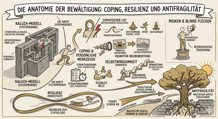 Sketchnote auf beige-farbenem Hintergrund mit schwarzen Konturen und Akzenten in Gold und Braun. Am oberen Rand befindet sich ein Banner mit dem Titel „DIE ANATOMIE DER BEWÄLTIGUNG: COPING, RESILIENZ UND ANTIFRAGILITÄT“.

Linker Bereich: Kaluza-Modell (Systemebene)
Eine Person ist innerhalb eines Labyrinths aus Steinmauern dargestellt, über dem das Wort „STRESS“ steht. Beschriftungen an den Mauern lauten „Strukturelle Mauer (objektive Grenzen)“, „Interpersonale Konflikte“ und „Personale Ohnmacht“. Eine gestrichelte vertikale Linie markiert „Die harte Systemgrenze“, über die eine Person in den nächsten Bereich springt.

Mittlerer Bereich: Coping & Persönliche Werkzeuge
Dieser Abschnitt visualisiert verschiedene Strategien zur Stressbewältigung:

    Somatischer Cut (Physiologische Regulation): Ein Blitzsymbol und eine Wellenlinie (Parasympathikus). Daneben Icons für eine meditierende Person, einen Läufer und eine Lotusblüte mit dem Text „Entspannung (Muskel, Atem), Sport, Achtsamkeit“.

    Kognitive Neubewertung: Ein Fernrohr blickt auf zwei Bilder; eines zeigt ein „Monster (Bedrohung)“, das andere einen „Berggipfel (Herausforderung)“.

    Strukturierung: Ein Klemmbrett und eine Stoppuhr stehen für die Organisation von „Zeit und Prioritäten“.

    Soziales Netz: Ein Icon zeigt vier Personen, die sich im Kreis an den Händen halten.

    Selbstwirksamkeit (Bandura): Eine Person steigt eine Treppe hinauf. Die Stufen sind mit „Erfahrung (kleine Erfolge)“ und „Erwartung (Glaube an sich selbst)“ beschriftet.

Rechter und unterer Bereich: Entwicklungsstufen

    Resilienz (Robustheit): Ein liegendes Unendlich-Symbol, in dem eine Person liegt. Text: „Federt Schock ab“ und „Rückkehr zum Status Quo“.

    Antifragilität: Ein großer, tief verwurzelter Baum wächst aus Trümmern und zerbrochenen Steinen empor. Text: „Wachstum durch Stressoren“ und „Wachstum durch Reibung & Konflikt“.

    Ein großer Pfeil („Katalysator: Aktives Coping & Selbstwirksamkeit“) weist den Weg von den Werkzeugen hin zur Antifragilität.

Oben rechts: Risiken & Blinde Flecken
Ein separates Feld zeigt eine Statue auf einem Sockel, die eine brennende Maske hält. Beschriftungen: „Maskierter Burnout“ und „Retrospektive Täuschung“.
