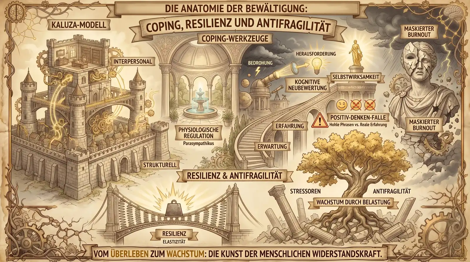 Illustration auf beige-farbenem Hintergrund mit schwarzen Konturen und Akzenten in Gold und Braun. Gehirnnetzwerk und Zahnräder im Rahmen.
Oben zwei Banner: ‚Die Anatomie der Bewältigung' und ‚Coping, Resilienz und Antifragilität'.
Links ‚Kaluza-Modell': Eine mehrstöckige Burg mit Zahnrädern und goldenen Verbindungen. Labels: ‚Interpersonal', ‚Strukturell'.
Mittig oben ‚Coping-Werkzeuge': Ein heller Pavillon mit Brunnen. Daneben ein Teleskop, das von ‚Bedrohung' zu ‚Herausforderung' zeigt. Labels: ‚Kognitive Neubewertung', ‚Selbstwirksamkeit', ‚Physiologische Regulation (Parasympathikus)', ‚Erfahrung', ‚Erwartung'. Ein Warndreieck: ‚Positiv-Denken-Falle – Hohle Phrasen vs. Reale Erfahrung'.
Rechts eine bröckelnde Statue mit Blitzen: ‚Maskierter Burnout'.
Unten mittig ‚Resilienz & Antifragilität': Links eine Hängebrücke unter Gewicht: ‚Resilienz – Elastizität'. Rechts ein alter Baum, der aus Trümmern wächst: ‚Antifragilität – Wachstum durch Belastung'. Label: ‚Stressoren'.
Unten ein Banner: ‚Vom Überleben zum Wachstum: Die Kunst der menschlichen Widerstandskraft.'