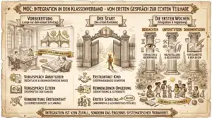 Illustration auf beige-farbenem, leicht vergilbtem Hintergrund mit schwarzen Konturen und Akzenten in Gold und Braun. Oben mittig ein Banner: ‚MOC: Integration in den Klassenverband – Vom ersten Gespräch zur echten Teilhabe'. Drei Panels nebeneinander. Links ‚Vorbereitung (Lange vor dem ersten Schultag)': Zwei Personen an einem Zeichentisch mit Plänen. Darunter eine Hängebrücke: ‚Brücke der Kommunikation'. Drei Listenpunkte mit Icons: ‚Vorgespräch Arbeitgeber (Rechtliche & organisatorische Basis)', ‚Vorgespräch Eltern (Perspektive der Familie)', ‚Vorbereitung Erstkontakt (Sicherheitskonzept & Planung)'. Mittig ‚Der Start (Die ersten Kontakte)': Ein Kind mit Rucksack tritt durch ein offenes schmiedeeisernes Schultor in goldenes Licht. Drei Listenpunkte mit Icons: ‚Erstkontakt Kind (Vertrauensbasis schaffen)' mit Herz und Händedruck. ‚Kennenlernen Umgebung (Orientierung & Sicherheit)' mit Kompass und Karte. ‚Erster Schultag → Klasse (Ankommen als gleichwertiges Mitglied)' mit Kindergruppe. Rechts ‚Die ersten Wochen (Integration & Begleitung)': Drei Säulen mit Icons: ‚Beobachten – Verhalten & Bedürfnisse' mit Auge und Sanduhr. ‚Unterstützen – Hilfestellung & Ressourcen' mit Hammer und Leiter. ‚Dokumentieren – Fortschritte & Reflexion' mit Buch und Schreibfeder. Darunter eine diverse Kindergruppe in einem Garten: ‚Lebendiges Miteinander'. Unten ein Banner: ‚Integration ist kein Zufall, sondern das Ergebnis systematischer Vorarbeit.'