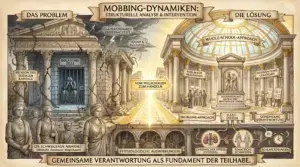 Illustration auf beige-farbenem Hintergrund mit schwarzen Konturen und Akzenten in Gold und Braun. Oben mittig ein Banner: ‚Mobbing-Dynamiken: Strukturelle Analyse & Intervention'. Links ‚Das Problem': Ein verfallenes Gebäude mit Isolationszelle hinter Gittern und einer Figur dahinter. Davor drei klassische Frauenfiguren als ‚Die schweigende Mehrheit (Mitläufer, Zuschauer, Wegschauer)'. Labels: ‚Erosion des sozialen Kapitals', ‚Glaubwürdigkeit beeinträchtigt', ‚Scham & Rückzug'. In der Mitte ein goldener Pfeil auf einem leuchtenden Weg: ‚Vom Wegschauen zum Handeln'. Rechts ‚Die Lösung': Ein helles Kuppelgebäude ‚Whole-School-Approach' mit Figuren im Dialog und einer Statue. Labels: ‚Forum für Prävention', ‚Aggression als Hilfeschrei – Bedürfnisse sehen', ‚Interventionsstrategien', ‚No-Blame-Approach', ‚Scout-System', ‚Gemeinsame Verantwortung'. Unten ‚Physiologische Auswirkungen': Vier Icons – ‚Chronischer Stress (Cortisol)', ‚Somatische Schmerzen', ‚Schlafstörungen' mit Wecker. Unten ein Banner: ‚Gemeinsame Verantwortung als Fundament der Teilhabe.'