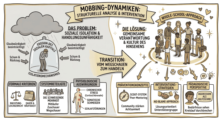 Sketchnote auf beige-farbenem Hintergrund mit schwarzen Konturen und Akzenten in Gold und Braun. Am oberen Rand befindet sich ein Banner mit dem Titel „MOBBING-DYNAMIKEN: STRUKTURELLE ANALYSE & INTERVENTION“.

Linke Seite (Das Problem):
Unter der Überschrift „DAS PROBLEM: SOZIALE ISOLATION & HANDLUNGSUNFÄHIGKEIT“ ist eine kauernde Person unter einer gläsernen Glocke dargestellt, die mit „EROSION DES SOZIALEN KAPITALS“ und „ISOLATIONSMECHANISMUS“ beschriftet ist. Über ihr hängt eine dunkle Regenwolke. Seitliche Pfeile beschreiben die Auswirkungen: „Glaubwürdigkeit beeinträchtigt“ sowie „Scham & Rückzug“.

Darunter befinden sich drei strukturierte Kästen:

    Formale Kriterien: Icons einer Waage und eines Kalenders. Text: „Machtung-Leichgewicht“, „Dauer & Häufigkeit“.

    Systembeteiligte: Icons einer Personengruppe. Text: „Die schweigende Mehrheit“, „Mitläufer“, „Zuschauer“, „Wegschauer“.

    Physiologische Auswirkungen: Eine menschliche Figur mit markierten Schmerzpunkten. Text: „Chronischer Stress (Cortisol/Adrenalin)“, „Somatische Schmerzen“, „Schlafstörungen“.

Zentrum:
Ein breiter Übergangs-Pfeil in der Mitte trägt die Aufschrift „TRANSITION: VOM WEGSCHAUEN ZUM HANDELN“.

Rechte Seite (Die Lösung):
Unter der Überschrift „DIE LÖSUNG: GEMEINSAME VERANTWORTUNG & KULTUR DES HINSEHENS“ und einem Banner mit der Aufschrift „WHOLE-SCHOOL-APPROACH“ ist eine diverse, kreisförmig angeordnete Gruppe von Kindern und Erwachsenen zu sehen, die sich gegenseitig stützen.

Darunter befinden sich ebenfalls drei Kästen:

    Präventionskonzepte: Kompass-Icon. Text: „Scout-System / Peer-Mentoring“, „Community stärken“, „Achtsamkeit“.

    Interventions-Strategien: Handschlag-Icon. Text: „No-Blame-Approach“, „Lösungsorientiert“, „Unterstützergruppe“.

    Pädagogische Perspektive: Icon einer sprechenden Person. Text: „Aggression als Hilfeschrei“, „Bedürfnisse sehen“, „Kreislauf durchbrechen“.

Die gesamte Grafik ist in einem handgezeichneten Stil mit verbindenden Pfeilen und kleinen Herz-Symbolen gestaltet.