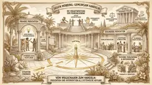 Illustration auf beige-farbenem Hintergrund mit schwarzen Konturen und Akzenten in Gold und Braun. Korinthische Säulen und Palmen. Oben zwei Banner: ‚Gegen Mobbing: Gemeinsam handeln' und ‚Die Verantwortung der Führungsebene – Aktive Unterstützung, Konsequentes Handeln'. Im Zentrum ein runder Marmorplatz mit goldenem Kompassstern und leuchtendem ‚Startsignal'. Ein goldener Pfeil: ‚Situation erkennen'. Links ‚Primäre Prävention': Ein Pavillon mit Figuren im Gespräch. Labels: ‚Aufklärung & Sensibilisierung', ‚Klare Regeln', ‚Verbindliche Richtlinien'. Rechts oben ‚Sekundäre Prävention': Eine Säulenhalle mit drei Szenen: ‚Konfliktmediation', ‚Supervision & Begleitung', ‚Klärendes Einzelgespräch'. Rechts unten ‚Tertiäre Prävention & Intervention': Zwei Figuren im Gespräch in Sesseln. Labels: ‚Therapie & Beratung'. Oben rechts ‚Die Rolle externer Stellen': Ein Tempel mit Waage. Labels: ‚Gewerkschaften & Recht', ‚Spezialisierte Beratungsstellen'. Unten ein Banner: ‚Vom Wegschauen zum Handeln: Prävention und Intervention als systemische Aufgabe.'