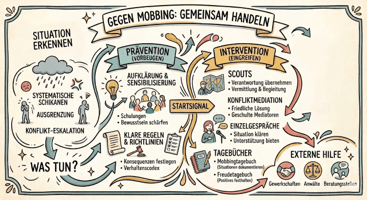 Sketchnote auf beige-farbenem Hintergrund mit schwarzen Konturen und Akzenten in Gold und Braun. Am oberen Rand befindet sich ein Banner mit dem Titel „GEGEN MOBBING: GEMEINSAM HANDELN“.

Thematische Cluster:

    Links: „SITUATION ERKENNEN“
    Eine dunkle Regenwolke schwebt über den Begriffen „SYSTEMATISCHE SCHIKANEN“, „AUSGRENZUNG“ und „KONFLIKT-ESKALATION“. Icons zeigen eine weinende Person, ein wütendes Gesicht und eine Person, die abseits einer Gruppe steht. Ein großer Pfeil führt nach unten zur Frage „WAS TUN?“.

    Mitte links: „PRÄVENTION (VORBEUGEN)“
    Dieser Bereich ist in einem geschwungenen Banner gefasst.

        AUFKLÄRUNG & SENSIBILISIERUNG: Icons einer Glühbirne und einer Personengruppe. Text: „Schulungen“, „Bewusstsein schärfen“.

        KLARE REGELN & RICHTLINIEN: Icons einer Schriftrolle und eines Richterhammers. Text: „Konsequenzen festlegen“, „Verhaltenscodex“.

    Mitte rechts: „INTERVENTION (EINGREIFEN)“
    Ebenfalls in einem Banner gefasst, mit einem zentralen „STARTSIGNAL“-Button.

        SCOUTS: Icon einer Person mit Landkarte. Text: „Verantwortung übernehmen“, „Vermittlung & Begleitung“.

        KONFLIKTMEDIATION: Text: „Friedliche Lösung“, „Geschulte Mediatoren“.

        EINZELGESPRÄCHE: Icons einer sprechenden Person und eines Mikrofons. Text: „Situation klären“, „Unterstützung bieten“.

        TAGEBÜCHER: Icon eines Notizbuchs. Text: „Mobbingtagebuch (Situationen dokumentieren)“, „Freudetagebuch (Positives festhalten)“.

    Unten rechts: „EXTERNE HILFE“
    Ein kreisförmiges Element mit den Icons eines Handschlags, einer Waage und einer Personengruppe. Text: „Gewerkschaften“, „Anwälte“, „Beratungsstellen“.

Gesamtstruktur:
Zahlreiche geschwungene Pfeile verbinden die Bereiche Prävention und Intervention miteinander und verdeutlichen den Prozesscharakter des Handelns gegen Mobbing.