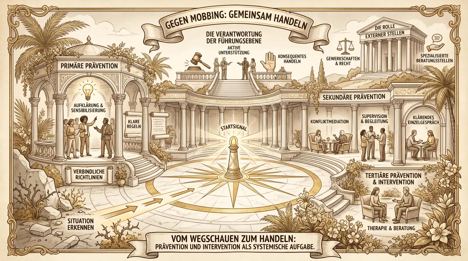 Illustration auf beige-farbenem Hintergrund mit schwarzen Konturen und Akzenten in Gold und Braun. Korinthische Säulen und Palmen.
Oben zwei Banner: ‚Gegen Mobbing: Gemeinsam handeln' und ‚Die Verantwortung der Führungsebene – Aktive Unterstützung, Konsequentes Handeln'.
Im Zentrum ein runder Marmorplatz mit goldenem Kompassstern und leuchtendem ‚Startsignal'. Ein goldener Pfeil: ‚Situation erkennen'.
Links ‚Primäre Prävention': Ein Pavillon mit Figuren im Gespräch. Labels: ‚Aufklärung & Sensibilisierung', ‚Klare Regeln', ‚Verbindliche Richtlinien'.
Rechts oben ‚Sekundäre Prävention': Eine Säulenhalle mit drei Szenen: ‚Konfliktmediation', ‚Supervision & Begleitung', ‚Klärendes Einzelgespräch'.
Rechts unten ‚Tertiäre Prävention & Intervention': Zwei Figuren im Gespräch in Sesseln. Labels: ‚Therapie & Beratung'.
Oben rechts ‚Die Rolle externer Stellen': Ein Tempel mit Waage. Labels: ‚Gewerkschaften & Recht', ‚Spezialisierte Beratungsstellen'.
Unten ein Banner: ‚Vom Wegschauen zum Handeln: Prävention und Intervention als systemische Aufgabe.'