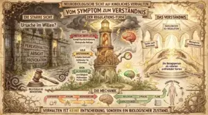 Illustration auf beige-farbenem Hintergrund mit schwarzen Konturen und Akzenten in Gold, Grün, Gelb und Rot. Steampunk-Elemente und Gehirn-Icons rahmen die Sketchnote ein. Oben mittig zwei Banner: ‚Neurobiologische Sicht auf kindliches Verhalten' und darunter ‚Vom Symptom zum Verständnis'. Links ‚Die starre Sicht': Eine bröckelnde Gefängnismauer mit Fackeln. Labels: ‚Ursache im Willen?', ‚Fehlverhalten', ‚Absicht', ‚Provokation'. Darunter ein Richterhammer: ‚Richterliche Bewertung'. Mittig ‚Der Regulations-Turm': Ein Leuchtturm mit drei farbigen Zonen. Oben rot mit Gewitterwolken und Blitzen: ‚Rot – Limbische Überflutung – Kampf/Flucht/Erstarrung, Biologische Notlage'. Mittig gelb mit Zahnrädern und Manometer: ‚Gelb – Anspannung – Erhöhte Drehzahl, Zeitfenster für Prävention'. Unten grün mit Blumen und Sonne: ‚Grün – Sicherheit – Lernfähigkeit, Präfrontaler Kortex aktiv'. Darunter ‚Die Mechanik': Zwei Pfeilreihen. Links rot-gelb: Körperreize → Atmung → Reizreduktion → Gehirn. Rechts grün: Gehirn/Gedanken → Reflexion → Sprache → Pläne. Daneben eine Körpersilhouette mit Sinnesorganen: ‚Körper/Sinne'. Rechts ‚Das Verständnis': Ein heller Pavillon: ‚Pavillon der Ko-Regulation'. Zwei große Hände, die sich annähern. Labels: ‚Suche nach Sicherheit', ‚Biologische Unmittelbarkeit', ‚Die Bezugsperson als externer präfrontaler Kortex', ‚Bindung', ‚Koregulieren'. Unten ein Banner: ‚Verhalten ist keine Entscheidung, sondern ein biologischer Zustand.'