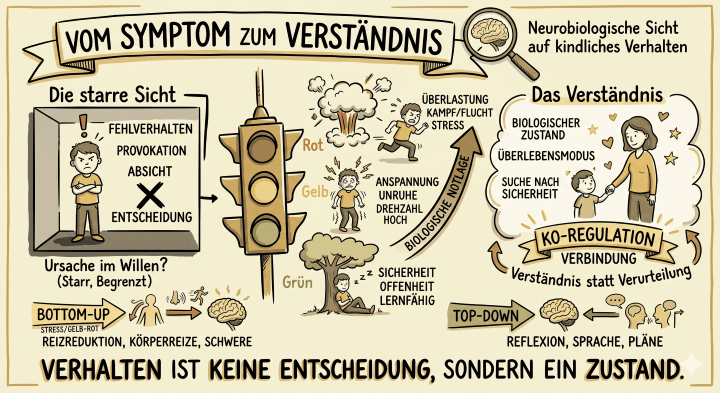 Sketchnote auf beige-farbenem Hintergrund mit schwarzen Konturen und Akzenten in Gold und Braun. Am oberen Rand befindet sich ein Banner mit dem Titel „VOM SYMPTOM ZUM VERSTÄNDNIS“ und dem Untertitel „Neurobiologische Sicht auf kindliches Verhalten“. Rechts daneben ist eine Lupe abgebildet, die auf ein Gehirn gerichtet ist.

Linke Seite: Ein starr gezeichneter, grau schattierter Kasten mit der Überschrift „Die starre Sicht“. Darin ist eine Person mit verschränkten Armen und finsterem Blick dargestellt. Um sie herum stehen die Begriffe „FEHLVERHALTEN“, „PROVOKATION“, „ABSICHT“ sowie das Wort „ENTSCHEIDUNG“, das mit einem großen X durchgestrichen ist. Darunter steht der Text: „Ursache im Willen? (Starr, Begrenzt)“.

Zentrales Element: In der Mitte ist eine vertikale Ampel abgebildet, die drei Zustände darstellt:

    Oben (Rot): Eine Explosionswolke und eine rennende Figur. Text: „ÜBERLASTUNG, KAMPF/FLUCHT, STRESS“.

    Mitte (Gelb): Eine zitternde Figur und Blitze. Text: „ANSPANNUNG, UNRUHE, DREHZAHL HOCH“.

    Unten (Grün): Eine entspannte Person, die unter einem Baum sitzt. Text: „SICHERHEIT, OFFENHEIT, LERNFÄHIG“.
    Ein großer, nach oben gerichteter Pfeil rechts neben der Ampel ist mit „BIOLOGISCHE NOTLAGE“ beschriftet.

Rechte Seite: Ein Bereich mit weichen, wolkenartigen Konturen und der Überschrift „Das Verständnis“. Abgebildet sind eine erwachsene Person und ein Kind, die sich an den Händen halten. Text: „BIOLOGISCHER ZUSTAND“, „ÜBERLEBENSMODUS“, „SUCHE NACH SICHERHEIT“. Darunter befindet sich ein Banner mit der Aufschrift „KO-REGULATION / VERBINDUNG“ und dem Zusatz „Verständnis statt Verurteilung“.

Unterer Bereich: Zwei Pfeil-Diagramme stehen sich gegenüber:

    Links (Bottom-Up): Ein Pfeil zeigt von Körper-Symbolen (Hand, Ohr, rennende Beine) zu einem Gehirn-Icon. Text: „STRESS/GELB-ROT: REIZREDUKTION, KÖRPERREIZE, SCHWERE“.

    Rechts (Top-Down): Ein Pfeil zeigt von Kopf- und Sprech-Symbolen zu einem Gehirn-Icon. Text: „REFLEXION, SPRACHE, PLÄNE“.

Fußbereich: Ganz unten steht in großer, fetter Schrift der Satz: „VERHALTEN IST KEINE ENTSCHEIDUNG, SONDERN EIN ZUSTAND.“