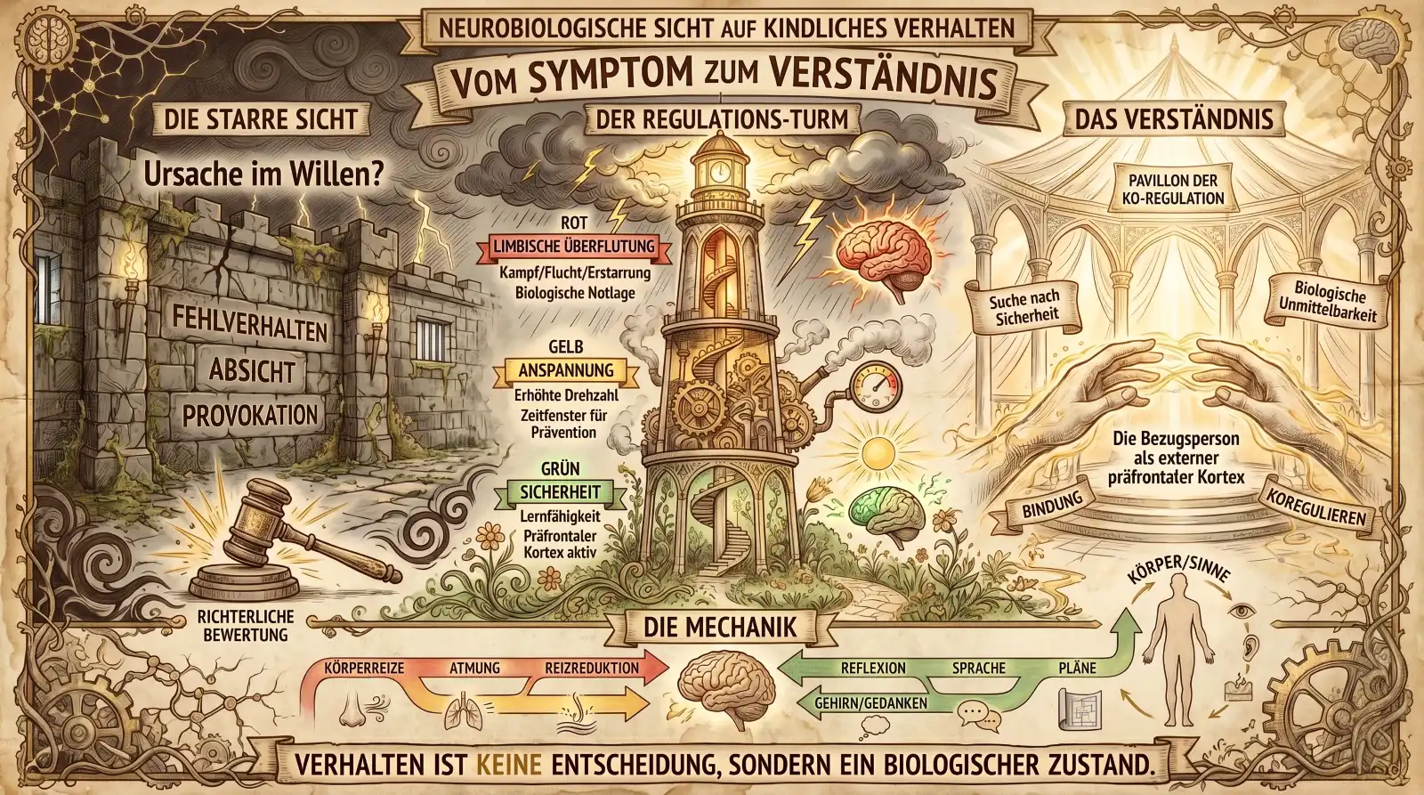 Illustration auf beige-farbenem Hintergrund mit schwarzen Konturen und Akzenten in Gold, Grün, Gelb und Rot. Steampunk-Elemente und Gehirn-Icons rahmen die Sketchnote ein.
Oben mittig zwei Banner: ‚Neurobiologische Sicht auf kindliches Verhalten' und darunter ‚Vom Symptom zum Verständnis'.
Links ‚Die starre Sicht': Eine bröckelnde Gefängnismauer mit Fackeln. Labels: ‚Ursache im Willen?', ‚Fehlverhalten', ‚Absicht', ‚Provokation'. Darunter ein Richterhammer: ‚Richterliche Bewertung'.
Mittig ‚Der Regulations-Turm': Ein Leuchtturm mit drei farbigen Zonen. Oben rot mit Gewitterwolken und Blitzen: ‚Rot – Limbische Überflutung – Kampf/Flucht/Erstarrung, Biologische Notlage'. Mittig gelb mit Zahnrädern und Manometer: ‚Gelb – Anspannung – Erhöhte Drehzahl, Zeitfenster für Prävention'. Unten grün mit Blumen und Sonne: ‚Grün – Sicherheit – Lernfähigkeit, Präfrontaler Kortex aktiv'.
Darunter ‚Die Mechanik': Zwei Pfeilreihen. Links rot-gelb: Körperreize → Atmung → Reizreduktion → Gehirn. Rechts grün: Gehirn/Gedanken → Reflexion → Sprache → Pläne. Daneben eine Körpersilhouette mit Sinnesorganen: ‚Körper/Sinne'.
Rechts ‚Das Verständnis': Ein heller Pavillon: ‚Pavillon der Ko-Regulation'. Zwei große Hände, die sich annähern. Labels: ‚Suche nach Sicherheit', ‚Biologische Unmittelbarkeit', ‚Die Bezugsperson als externer präfrontaler Kortex', ‚Bindung', ‚Koregulieren'.
Unten ein Banner: ‚Verhalten ist keine Entscheidung, sondern ein biologischer Zustand.'