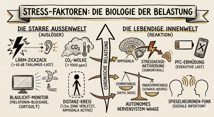 Sketchnote auf beige-farbenem Hintergrund mit schwarzen Konturen und Akzenten in Gold und Braun. Am oberen Rand befindet sich ein Banner mit dem Titel „STRESS-FAKTOREN: DIE BIOLOGIE DER BELASTUNG“. In der Mitte der Grafik teilt ein großer, vertikaler Pfeil mit der Beschriftung „CHRONISCHE BELASTUNG“ das Bild in zwei Bereiche.

Linke Seite: „DIE STARRE AUSSENWELT (AUSLÖSER)“
Vier externe Stressfaktoren sind grafisch dargestellt:

    Lärm: Icons eines Blitzes und eines Ohrs. Text: „LÄRM-ZICKZACK (> 65 dB THALAMUS-LAST)“.

    Luftqualität: Icons einer CO2-Wolke und eines Thermometers mit Aufwärtspfeil. Text: „CO2-WOLKE (> 1000 ppm)“.

    Licht: Icons eines Monitors und eines Mondes, vor dem eine Hand ein Stopp-Signal gibt. Text: „BLAULICHT-MONITOR (MELATONIN-BLOCKADE, CORTISOL↑)“.

    Raum: Icon einer Person innerhalb eines gestrichelten Kreises. Text: „DISTANZ-KREIS (1,5m ZONE VERLETZT, AMYGDALA ACTIVE)“.

Rechte Seite: „DIE LEBENDIGE INNENWELT (REAKTION)“
Vier biologische Reaktionen des Körpers werden beschrieben:

    Gehirn/Stressachse: Icon eines Gehirns, in dem die Amygdala markiert ist und ein Blitz auf eine untergeordnete Struktur trifft. Text: „AMYGDALA / STRESSACHSE-AKTIVIERUNG (SUBKORTIKAL)“. * Erschöpfung: Icons einer fast leeren Batterie und eines durchgestrichenen Smartphones. Text: „PFC-ERMÜDUNG (EXEKUTIVE LAST)“.

    Nervensystem: Icon einer Waage, bei der die linke Schale („SYMPATHIKUS – AKTIV, HOCH“) deutlich tiefer hängt als die rechte („PARASYMPATHIKUS – SCHWACH, NIEDRIG“). Text: „AUTONOMES NERVENSYSTEM-WAAGE“. * Soziale Interaktion: Zwei Silhouetten, zwischen denen Funkwellen-Symbole gezeichnet sind. Text: „SPIEGELNEURONEN-FUNK (SOZIALE INFEKTION)“.