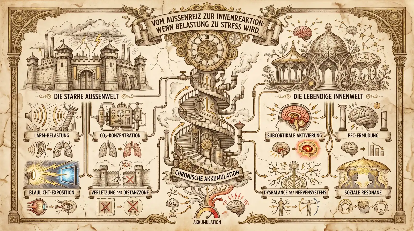 Illustration auf beige-farbenem, leicht vergilbtem Hintergrund mit schwarzen Konturen und Akzenten in Gold und Braun. Steampunk-Elemente und geflügelte Löwen im ornamentalen Rahmen.
Oben mittig ein Banner: ‚Vom Außenreiz zur Innenreaktion: Wenn Belastung zu Stress wird.'
Im Zentrum eine dampfbetriebene Wendeltreppe mit Rohren, Ventilen und Zahnrädern als Stressakkumulations-Maschine. Eine große Uhr mit Zahnrädern oben. Darunter ein Band: ‚Chronische Akkumulation'. Unten ein Manometer mit CO₂-Symbol und Gehirn: ‚Akkumulation'.
Links ‚Die starre Außenwelt': Eine Burgfestung mit Blitzen im Hintergrund. Vier Stressfaktoren mit Icons: ‚Lärm-Belastung' mit Lautsprecher, Ohr und Lunge. ‚Blaulicht-Exposition' mit Bildschirm, Blitz und Auge. ‚CO₂-Konzentration' mit Lungen und Rohren. ‚Verletzung der Distanzzone' mit zwei Burgen und durchgestrichenen Symbolen.
Rechts ‚Die lebendige Innenwelt': Ein organischer Pavillon mit Gehirnnetzwerk. Vier innere Reaktionen mit Icons: ‚Subcortikale Aktivierung' mit leuchtendem Gehirn und Blitzen. ‚PFC-Ermüdung' mit Gehirn und sinkendem Balkendiagramm. ‚Dysbalance des Nervensystems' mit Nervenzellen und Körperfiguren. ‚Soziale Resonanz' mit Figuren und Gehirnen unter einem Schirm.
Unten ein Banner: fehlt – die Sketchnote endet mit dem Akkumulations-Symbol.'