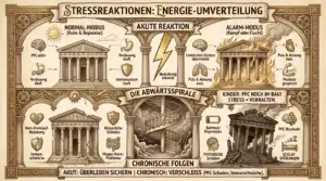 Illustration auf beige-farbenem Hintergrund mit schwarzen Konturen und Akzenten in Gold und Braun. Ornamentaler Rahmen mit Zahnrädern. Oben mittig ein Banner: ‚Stressreaktionen: Energie-Umverteilung'. Obere Reihe – ‚Akute Reaktion' mit goldenem Blitz in der Mitte. Links ‚Normal-Modus (Ruhe & Reparatur)': Ein klassisches Säulengebäude mit Sonne. Labels: ‚PFC aktiv', ‚Verdauung läuft', ‚Immunsystem stark'. Rechts ‚Alarm-Modus (Kampf oder Flucht)': Dasselbe Gebäude in Flammen. Labels: ‚Limbisches System übernimmt', ‚Puls & Atmung max.', ‚Muskeln gespannt'. Dazwischen: ‚Bedrohung erkannt', ‚Puls & Atmung max.' Untere Reihe – ‚Die Abwärtsspirale': Eine dunkle Wendeltreppe in einem Torbogen in der Mitte. Links unten ‚Chronische Folgen – Körperliche Schäden': Ein beschädigtes Gebäude mit gebrochenem Herz und durchgestrichenem Schutzschild. Labels: ‚Herz-Kreislauf-Belastung', ‚Immunschwäche', ‚Magen-Darm-Probleme'. Rechts unten ‚Chronische Folgen – Psychische Schäden': Ein einstürzendes Gebäude mit Rauch, leerer Batterie und Gehirn mit Vorhängeschloss. Labels: ‚Burnout/Depression', ‚Psychische Schäden', ‚PFC-Blockade', ‚Schlafstörungen'. Rechts oben ein Hinweis: ‚Kinder: PFC noch im Bau! Stress = Verhalten.' Unten ein Banner: ‚Akut: Überleben sichern | Chronisch: Verschleiß (PFC-Schaden, Immunschwäche).'