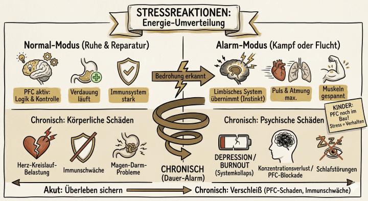Sketchnote auf beige-farbenem Hintergrund mit schwarzen Konturen und Akzenten in Gold und Braun. Am oberen Rand befindet sich ein Banner mit dem Titel „STRESSREAKTIONEN: Energie-Umverteilung“.

Obere Hälfte: Der Akut-Zustand (Gegenüberstellung)

    Links: „Normal-Modus (Ruhe & Reparatur)“

        Icons: Ein leuchtendes Gehirn mit Zahnrädern („PFC aktiv: Logik & Kontrolle“), ein Magen-Symbol mit Pluszeichen („Verdauung läuft“) und ein Schild mit Haken („Immunsystem stark“).

    Rechts: „Alarm-Modus (Kampf oder Flucht)“

        Icons: Ein Gehirn mit Blitzen („Limbisches System übernimmt (Instinkt)“), ein Herz-Lungen-Symbol („Puls & Atmung max.“) und ein angespannter Oberarm („Muskeln gespannt“). Ein kleiner Merkzettel am Rand besagt: „KINDER: PFC noch im Bau! Stress = Verhalten“.

Zentrales Element:
In der Mitte schlägt ein Blitz mit der Aufschrift „Bedrohung erkannt“ ein. Dieser mündet in eine große, braune Abwärtsspirale, die mit „CHRONISCH (Dauer-Alarm)“ beschriftet ist.

Untere Hälfte: Die Folgen chronischer Belastung

    Links: „Chronisch: Körperliche Schäden“

        Icons: Ein gebrochenes Herz („Herz-Kreislauf-Belastung“), ein durchgestrichenes Schutzschild („Immunschwäche“) und ein verknoteter Magen („Magen-Darm-Probleme“).

    Rechts: „Chronisch: Psychische Schäden“

        Icons: Eine leere Batterie („DEPRESSION / BURNOUT (Systemkollaps)“), ein Kopfprofil mit wirren Linien („Konzentrationsverlust / PFC-Blockade“) und ein durchgestrichenes Auge mit Zzz-Symbol („Schlafstörungen“).

Fußbereich:
Ein langer Pfeil am unteren Rand verbindet die Zustände: Er beginnt links bei „Akut: Überleben sichern“ und führt nach rechts zu „Chronisch: Verschleiß (PFC-Schaden, Immunschwäche)“