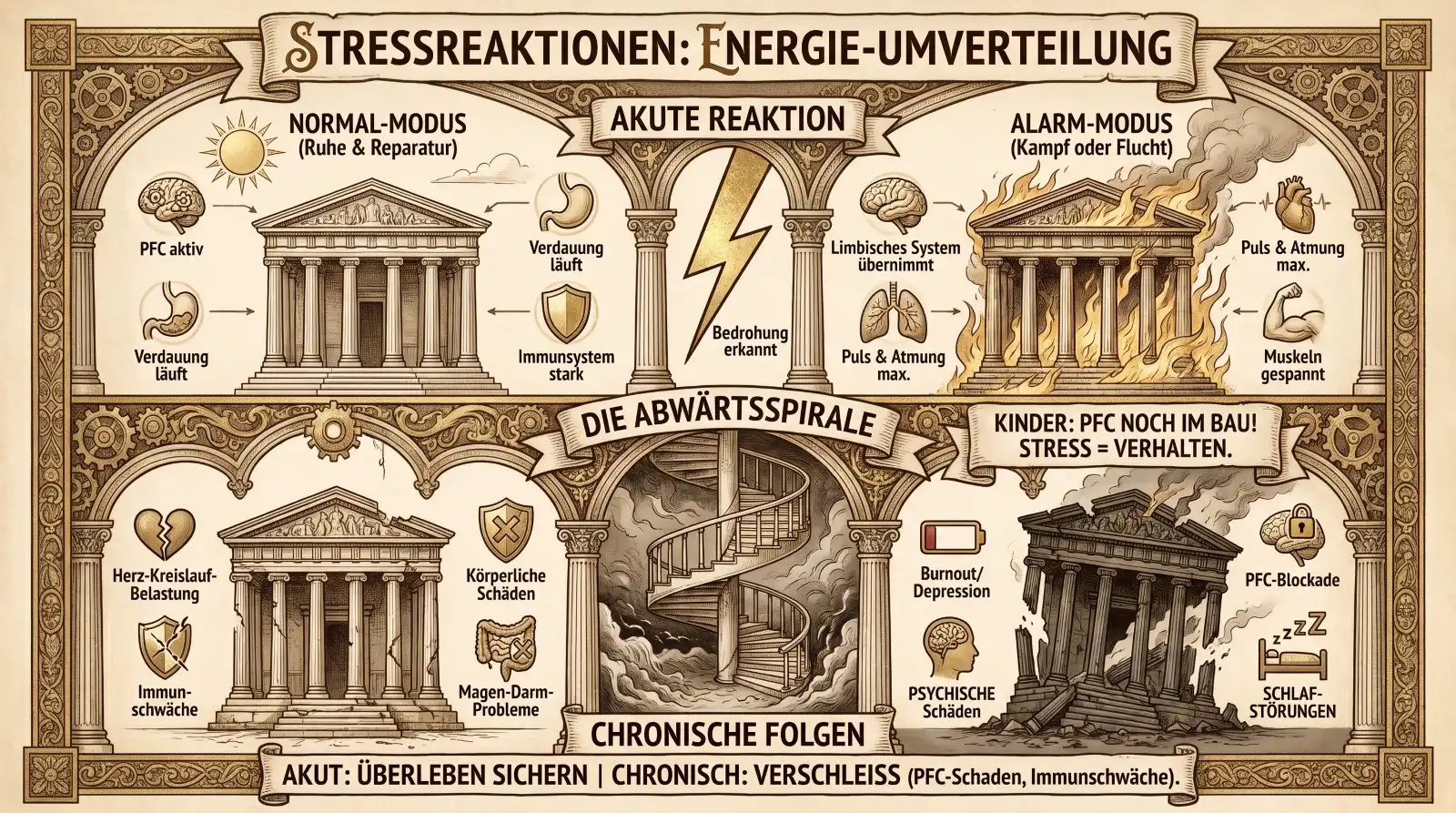 Illustration auf beige-farbenem Hintergrund mit schwarzen Konturen und Akzenten in Gold und Braun. Ornamentaler Rahmen mit Zahnrädern.
Oben mittig ein Banner: ‚Stressreaktionen: Energie-Umverteilung'.
Obere Reihe – ‚Akute Reaktion' mit goldenem Blitz in der Mitte.
Links ‚Normal-Modus (Ruhe & Reparatur)': Ein klassisches Säulengebäude mit Sonne. Labels: ‚PFC aktiv', ‚Verdauung läuft', ‚Immunsystem stark'.
Rechts ‚Alarm-Modus (Kampf oder Flucht)': Dasselbe Gebäude in Flammen. Labels: ‚Limbisches System übernimmt', ‚Puls & Atmung max.', ‚Muskeln gespannt'. Dazwischen: ‚Bedrohung erkannt', ‚Puls & Atmung max.'
Untere Reihe – ‚Die Abwärtsspirale': Eine dunkle Wendeltreppe in einem Torbogen in der Mitte.
Links unten ‚Chronische Folgen – Körperliche Schäden': Ein beschädigtes Gebäude mit gebrochenem Herz und durchgestrichenem Schutzschild. Labels: ‚Herz-Kreislauf-Belastung', ‚Immunschwäche', ‚Magen-Darm-Probleme'.
Rechts unten ‚Chronische Folgen – Psychische Schäden': Ein einstürzendes Gebäude mit Rauch, leerer Batterie und Gehirn mit Vorhängeschloss. Labels: ‚Burnout/Depression', ‚Psychische Schäden', ‚PFC-Blockade', ‚Schlafstörungen'.
Rechts oben ein Hinweis: ‚Kinder: PFC noch im Bau! Stress = Verhalten.'
Unten ein Banner: ‚Akut: Überleben sichern | Chronisch: Verschleiß (PFC-Schaden, Immunschwäche).'