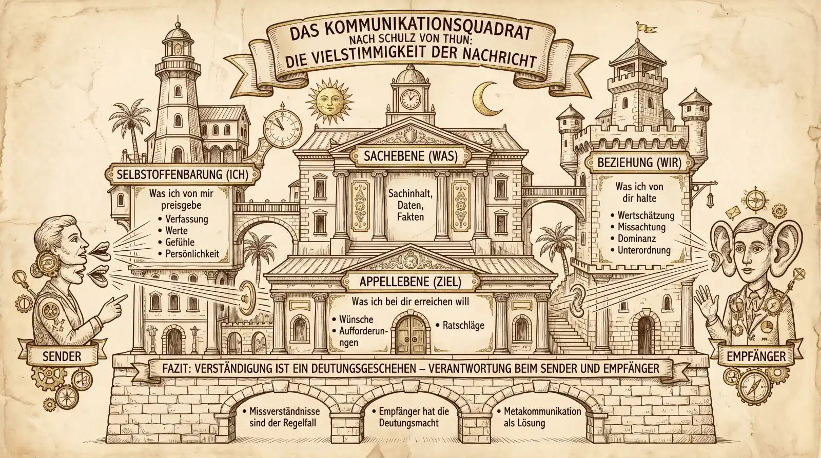 „Illustration auf beige-farbenem, leicht vergilbtem Hintergrund mit schwarzen Konturen und Akzenten in Gold und Braun. Oben mittig ein Banner: ‚Das Kommunikationsquadrat nach Schulz von Thun: Die Vielstimmigkeit der Nachricht'. Im Zentrum drei Gebäude nebeneinander: Links ein Leuchtturm mit Palmen für ‚Selbstoffenbarung (Ich)'. Mittig ein klassisches Säulengebäude mit Sonne und Mond für ‚Sachebene (Was)'. Rechts eine Burg mit Fahne für ‚Beziehung (Wir)'. Davor ein niedrigeres Gebäude mit Treppenaufgang für ‚Appellebene (Ziel)'. Links eine Sender-Figur mit spitzem Mund und Zahnrädern – ‚Sender'. Pfeile gehen von ihr zu den vier Gebäuden. Labels beim Leuchtturm: ‚Was ich von mir preisgebe – Verfassung, Werte, Gefühle, Persönlichkeit'. Beim Sachgebäude: ‚Sachinhalt, Daten, Fakten'. Bei der Burg: ‚Was ich von dir halte – Wertschätzung, Missachtung, Dominanz, Unterordnung'. Beim Appellgebäude: ‚Was ich bei dir erreichen will – Wünsche, Aufforderungen, Ratschläge'. Rechts eine Empfänger-Figur mit vier großen Ohren und Kompass – ‚Empfänger'. Unten eine Brückenkonstruktion mit Fazit-Banner: ‚Verständigung ist ein Deutungsgeschehen – Verantwortung beim Sender und Empfänger'. Darunter drei Bögen mit Labels: ‚Missverständnisse sind der Regelfall', ‚Empfänger hat die Deutungsmacht', ‚Metakommunikation als Lösung.'"