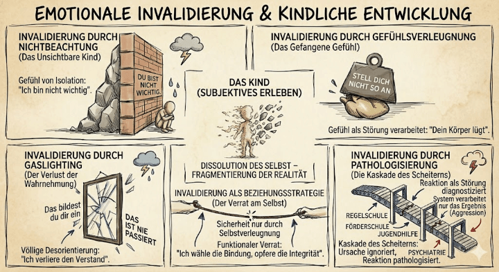 Sketchnote auf beige-farbenem Hintergrund mit schwarzen Konturen und Akzenten in Braun und Dunkelgelb.
Oben mittig spannt sich ein Banner mit dem Titel ‚Emotionale Invalidierung & Kindliche Entwicklung'.
Links oben zeigt ein Panel mit der Überschrift ‚Invalidierung durch Nichtbeachtung (Das unsichtbare Kind)' eine kleine zusammengekauerte Figur neben einer hohen Steinmauer, in die die Worte ‚Du bist nicht wichtig' gemeißelt sind. Darunter steht: ‚Gefühl von Isolation: Ich bin nicht wichtig.'
Rechts oben zeigt ein Panel mit der Überschrift ‚Invalidierung durch Gefühlsverleugnung (Das gefangene Gefühl)' einen schweren Gewichtsblock mit der Aufschrift ‚Stell dich nicht so an', der auf eine kleine kauernde Figur drückt. Darunter steht: ‚Gefühl als Störung verarbeitet: Dein Körper lügt.'
In der Mitte steht eine auseinanderbrechende Kinderfigur mit der Unterschrift ‚Das Kind (Subjektives Erleben)' und darunter ‚Dissolution des Selbst – Fragmentierung der Realität'.
Links unten zeigt ein Panel mit der Überschrift ‚Invalidierung durch Gaslighting (Der Verlust der Wahrnehmung)' einen zerbrochenen Spiegel mit den Aufschriften ‚Das bildest du dir ein' und ‚Das ist nie passiert'. Darunter steht: ‚Völlige Desorientierung: Ich verliere den Verstand.'
Unten mittig steht unter der Kinderfigur ‚Invalidierung als Beziehungsstrategie (Der Verrat am Selbst)' mit den Zeilen: ‚Sicherheit nur durch Selbstverleugnung' und ‚Funktionaler Verrat: Ich wähle die Bindung, opfere die Integrität.'
Rechts unten zeigt ein Panel mit der Überschrift ‚Invalidierung durch Pathologisierung (Die Kaskade des Scheiterns)' ein Förderband, das eine Figur durch die Stationen Regelschule, Förderschule, Jugendhilfe und Psychiatrie transportiert. Daneben steht: ‚Ursache ignoriert, Reaktion pathologisiert.