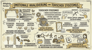 „Sketchnote auf beige-farbenem Hintergrund mit schwarzen Konturen und Akzenten in Gold und Braun. Oben mittig spannt sich ein Banner mit dem Titel ‚Emotionale Invalidierung und toxischer Stoizismus‘. Links oben ist eine geöffnete Theaterbühne zu sehen, die durch eine senkrechte Linie in ‚Frontbühne (Performanz)‘ und ‚Hinterbühne (Affekte)‘ geteilt wird. Eine geballte Faust schlägt von der Frontbühne durch die Trennwand auf die Hinterbühne, wo zerknitterte Papierknäuel und ein zerbrochenes Herz liegen. Mittig im Bild befindet sich ein quadratischer Metallkäfig mit dicken Stäben und einem großen Vorhängeschloss, in dem ein goldenes Herz eingeschlossen ist. Daneben sind drei ineinandergreifende Zahnräder und die handschriftliche Notiz ‚Ich funktioniere einfach‘ abgebildet. Rechts daneben zeigt eine Szene zwei Personen: Eine Person zeigt mit ausgestrecktem Finger auf eine weinende Person, über der ein Riss in der Luft schwebt. Links unten ist eine schwingende Stimmgabel zu sehen, deren Schallwellen auf eine Mauer treffen. Hinter der Mauer steht eine kleine Person, die von einem Blitz getroffen wird, der von der Mauer abprallt. Unten mittig ist ein großes menschliches Auge abgebildet, das durch eine Lupe betrachtet wird. Daneben befinden sich Symbole für einen Karteikasten, ein Häkchen und eine gehende Figur. Unten rechts sitzt eine dreiköpfige Familie gemeinsam an einem Tisch beim Essen, darüber sind Sprechblasen mit Herzsymbolen zu sehen. Eine Frau daneben hält eine Urkunde mit einem Siegel hoch.“