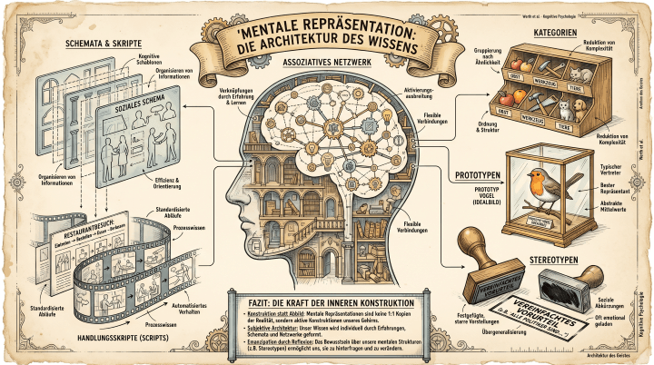 Sketchnote auf beige-farbenem, leicht vergilbtem Hintergrund mit schwarzen Konturen und Akzenten in Gold und Braun. Oben rechts und links je ein handschriftlicher Hinweis: ‚Werth et al. – Kognitive Psychologie' und ‚Architektur des Geistes'.
Oben mittig ein Banner mit dem Titel ‚Mentale Repräsentation: Die Architektur des Wissens'.
Im Zentrum ein menschlicher Kopf im Profil, dessen Inneres ein leuchtendes assoziatives Netzwerk aus miteinander verbundenen Knotenpunkten zeigt. Darunter die Beschriftungen: ‚Verknüpfungen durch Erfahrung & Lernen', ‚Aktivierungsausbreitung', ‚Flexible Verbindungen' und ‚Subjektive Architektur: Unser Wissen wird individuell durch Erfahrungen, Schemata und Netzwerke geformt.'
Links oben das Panel ‚Schemata & Skripte': Ein soziales Schema als Schablone mit zwei Figuren, darunter ‚Organisieren von Informationen, Effizienz & Orientierung'. Darunter ein Filmstreifen für Handlungsskripte mit dem Beispiel ‚Restaurantbesuch: Eintreten → Bestellen → Essen → Zahlen' und den Labels ‚Standardisierte Abläufe', ‚Prozesswissen', ‚Automatisiertes Verhalten'.
Rechts oben das Panel ‚Kategorien': Eine Werkzeugkiste mit sortierten Gegenständen, daneben ‚Gruppierung nach Ähnlichkeit, Ordnung & Struktur, Reduktion von Komplexität'.
Rechts mittig das Panel ‚Prototypen': Ein Rotkehlchen in einer Glasvitrine als ‚Prototyp Vogel (Idealbild)', darunter ‚Typischer Vertreter, Bester Repräsentant, Abstrakte Mittelwerte, Oft emotional geladen'.
Rechts unten das Panel ‚Stereotypen': Ein Stempel mit der Aufschrift ‚Vereinfachtes Vorurteil', darunter ‚Festgefügte, starre Vorstellungen, Übergeneralisierung, Soziale Abkürzungen'.
Unten ein Fazit-Banner ‚Fazit: Die Kraft der inneren Konstruktion' mit drei Punkten: ‚Konstruktion statt Abbild: Mentale Repräsentationen sind keine 1:1-Kopien der Realität, sondern aktive Konstruktionen unseres Gehirns. Subjektive Architektur: Unser Wissen wird individuell durch Erfahrungen, Schemata und Netzwerke geformt. Emanzipation durch Reflexion: Das Bewusstsein über unsere mentalen Strukturen ermöglicht uns, sie zu hinterfragen und zu verändern.'