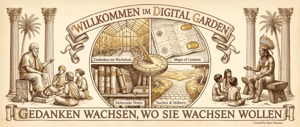 Illustration auf beige-farbenem Hintergrund mit schwarzen Konturen und Akzenten in Gold und Braun.
Oben mittig ein geschwungenes Banner: ‚Willkommen im Digital Garden'.
Im Zentrum ein Kreis mit Kompass in der Mitte, unterteilt in vier Quadranten: Oben links ‚Gedanken im Wachstum' mit einem Gewächshaus voller Pflanzen. Oben rechts ‚Maps of Content' mit einer alten Landkarte. Unten links ‚Molecular Notes' mit einem Bücherregal. Unten rechts ‚Suchen & Stöbern' mit einem Weg in eine weite Landschaft.
Links eine griechische Gelehrtenfigur, sitzend auf Steinquadern, umgeben von drei zuhörenden Schülern. Dahinter zwei klassische korinthische Säulen und eine Palme.
Rechts eine indigene Figur mit Cocar und traditioneller Bemalung, sitzend auf einem Hocker, umgeben von drei zuhörenden Kindern. Dahinter zwei korinthische Säulen und eine Palme.
Unten ein geschwungenes Banner: ‚Gedanken wachsen, wo sie wachsen wollen'.