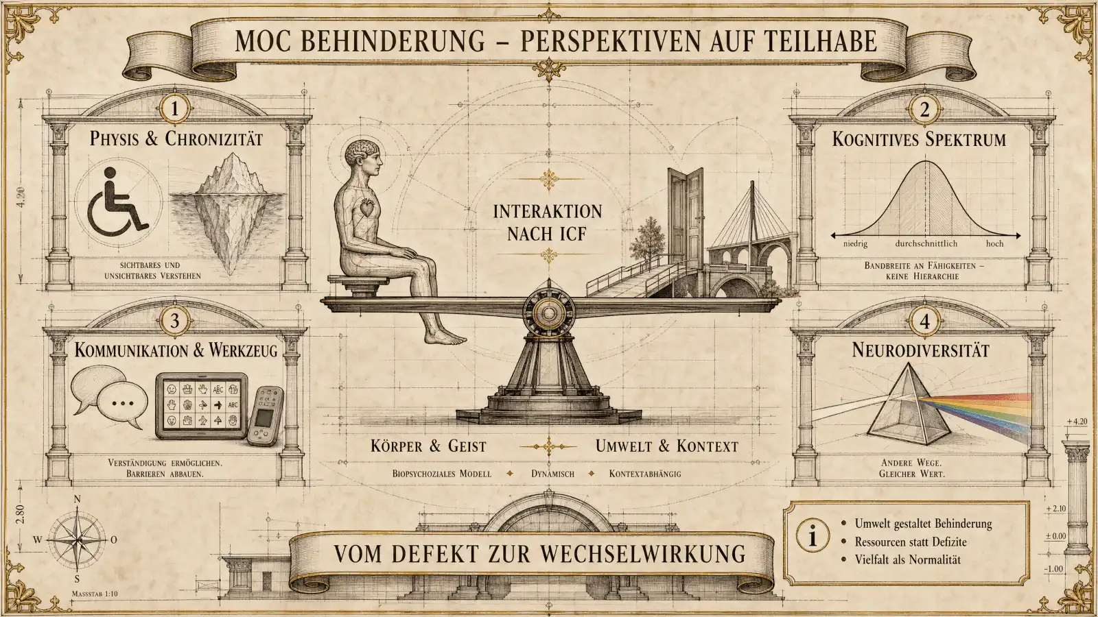Sketchnote auf beige-farbenem Hintergrund mit schwarzen Konturen und Akzenten in Gold und Braun. Zwei Säulen rahmen die Sketchnote ein, Kompass und Maßstab im Hintergrund.