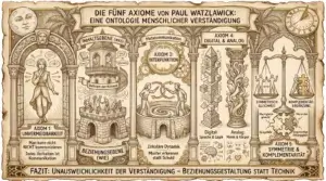 Illustration auf beige-farbenem, leicht vergilbtem Hintergrund mit schwarzen Konturen und Akzenten in Gold und Braun. Ornamentaler Rahmen mit korinthischen Säulen und Palmen. Oben links ein Mondgesicht, oben rechts eine Sonnenuhr mit Uhr. Oben mittig ein Banner: ‚Die fünf Axiome von Paul Watzlawick: Eine Ontologie menschlicher Verständigung'. Fünf Bereiche von links nach rechts. ‚Axiom 1: Unvermeidbarkeit': Eine Figur in einem Torbogen mit Sprechblasen und Pfeilen in alle Richtungen. Labels: ‚Man kann nicht NICHT kommunizieren. Jedes Verhalten ist Kommunikation.' ‚Axiom 2: Inhalts- & Beziehungsebene': Ein Turm mit zwei Ebenen – oben ‚Inhaltsebene (Was)' mit Fakten und Information, unten ‚Beziehungsebene (Wie)' mit Figuren im Gespräch. Band: ‚Definiert den Kontext'. Oben: ‚Metakommunikation'. ‚Axiom 3: Interpunktion': Zwei Figuren an einem Spiralbrunnen mit Kreispfeilen zwischen ihnen. Labels: ‚Zirkuläre Dynamik. Muster erkennen statt Schuld.' ‚Axiom 4: Digital & Analog': Zwei Säulen – links ein digitaler Turm aus Binärcode und Geometrie: ‚Digital: Sprache & Logik'. Rechts eine organische Säule mit Flammen, Mimik und Körper: ‚Analog: Mimik & Körper'. ‚Axiom 5: Symmetrie & Komplementarität': Eine Waage mit zwei gleichen Figuren: ‚Symmetrisch: Gleichheit – Machtgleichgewicht, Spiegelbild'. Daneben zwei Puzzleteile: ‚Komplementär: Ergänzung – Hierarchie, Gegenseitige Abhängigkeit'. Unten ein Banner: ‚Fazit: Unausweichlichkeit der Verständigung – Beziehungsgestaltung statt Technik.'