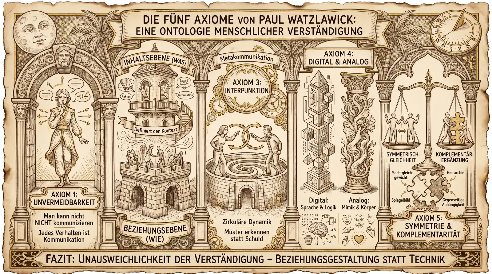Illustration auf beige-farbenem, leicht vergilbtem Hintergrund mit schwarzen Konturen und Akzenten in Gold und Braun. Ornamentaler Rahmen mit korinthischen Säulen und Palmen. Oben links ein Mondgesicht, oben rechts eine Sonnenuhr mit Uhr. Oben mittig ein Banner: ‚Die fünf Axiome von Paul Watzlawick: Eine Ontologie menschlicher Verständigung'. Fünf Bereiche von links nach rechts. ‚Axiom 1: Unvermeidbarkeit': Eine Figur in einem Torbogen mit Sprechblasen und Pfeilen in alle Richtungen. Labels: ‚Man kann nicht NICHT kommunizieren. Jedes Verhalten ist Kommunikation.' ‚Axiom 2: Inhalts- & Beziehungsebene': Ein Turm mit zwei Ebenen – oben ‚Inhaltsebene (Was)' mit Fakten und Information, unten ‚Beziehungsebene (Wie)' mit Figuren im Gespräch. Band: ‚Definiert den Kontext'. Oben: ‚Metakommunikation'. ‚Axiom 3: Interpunktion': Zwei Figuren an einem Spiralbrunnen mit Kreispfeilen zwischen ihnen. Labels: ‚Zirkuläre Dynamik. Muster erkennen statt Schuld.' ‚Axiom 4: Digital & Analog': Zwei Säulen – links ein digitaler Turm aus Binärcode und Geometrie: ‚Digital: Sprache & Logik'. Rechts eine organische Säule mit Flammen, Mimik und Körper: ‚Analog: Mimik & Körper'. ‚Axiom 5: Symmetrie & Komplementarität': Eine Waage mit zwei gleichen Figuren: ‚Symmetrisch: Gleichheit – Machtgleichgewicht, Spiegelbild'. Daneben zwei Puzzleteile: ‚Komplementär: Ergänzung – Hierarchie, Gegenseitige Abhängigkeit'. Unten ein Banner: ‚Fazit: Unausweichlichkeit der Verständigung – Beziehungsgestaltung statt Technik.'