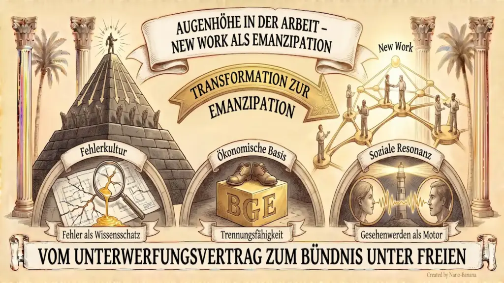"Sketchnote auf beigem Hintergrund mit schwarzen Konturen und Akzenten in Gold und Braun. Am oberen Rand befindet sich ein Banner mit dem Titel „AUGENHÖHE IN DER ARBEIT“ und dem Untertitel „New Work als emanzipatorische Praxis“. Das Bild ist in drei vertikale Bereiche gegliedert. Die linke Spalte trägt die Überschrift „TRADITIONELLE HIERARCHIE (Command & Control)“ und enthält drei übereinanderliegende Kästen: Im obersten Kasten ist eine Pyramide mit einem Thron und einer Figur mit Krone an der Spitze dargestellt. Ein Pfeil weist nach unten auf kleine Figuren an der Basis. Texte: „Starre Hierarchie & Machtgefälle (Oben denkt, unten lenkt)“ und „Peter-Prinzip: Aufstieg bis zur Unfähigkeit“. Der mittlere Kasten zeigt eine Hand, die anklagend auf eine kleine, weinende Person deutet. Rechts hebt eine Person einen Teppich an, um Zahnräder darunter zu kehren. Texte: „Fehler als Schuld & Scham (Vertuschung & Angst)“ und „Blame Culture: Wer ist schuld?“. Im untersten Kasten rennt eine Person in einem Hamsterrad hinter einer Karotte an einer Angel her, während rechts eine Peitsche zu sehen ist. Texte: „Motivation durch Druck & Anreiz (Zuckerbrot & Peitsche)“ und „Ökonomische Erpressbarkeit“. In der Mitte des Bildes befindet sich ein großer, nach rechts weisender goldener Pfeil mit der Aufschrift „TRANSFORMATION ZU NEW WORK (Kulturwandel & Empowerment)“. Darunter ist ein gesprengtes Kettenglied abgebildet. Die rechte Spalte trägt die Überschrift „ARBEIT AUF AUGENHÖHE (New Work & Partizipation)“ und enthält ebenfalls drei Kästen: Im obersten Kasten sind stilisierte Köpfe in einem kreisförmigen Netzwerk mit Doppelpfeilen angeordnet, die um einen runden Tisch gruppiert sind. Texte: „Fluide Netzwerke & Kompetenzhierarchie (Verantwortung dort, wo das Wissen ist)“ und „4K-Kompetenzen: Kollaboration statt Delegation“. Der mittlere Kasten zeigt eine Gruppe von Menschen an einem Tisch, die gemeinsam Zahnräder untersuchen, wobei eine Person eine Lupe hält. Rechts ist eine ansteigende Kurve in einem Diagramm zu sehen. Texte: „Fehler als Lernchance & Wissensschatz (Transparenz & Analyse)“ und „Learning Culture: Warum ist es passiert?“. Im untersten Kasten stehen sich zwei Personen im Profil gegenüber, zwischen denen eine Wellenform gezeichnet ist. Links steht ein Baum, rechts eine kleine Pflanze und ein Leuchtturm. Texte: „Motivation durch Resonanz & Sinnhaftigkeit (Gesehenwerden & Wirksamkeit)“ und „Soziale Bindung als Motor (Gerhard Roth)“