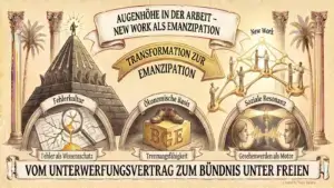 "Sketchnote auf beigem Hintergrund mit schwarzen Konturen und Akzenten in Gold und Braun. Am oberen Rand befindet sich ein Banner mit dem Titel „AUGENHÖHE IN DER ARBEIT“ und dem Untertitel „New Work als emanzipatorische Praxis“. Das Bild ist in drei vertikale Bereiche gegliedert. Die linke Spalte trägt die Überschrift „TRADITIONELLE HIERARCHIE (Command & Control)“ und enthält drei übereinanderliegende Kästen: Im obersten Kasten ist eine Pyramide mit einem Thron und einer Figur mit Krone an der Spitze dargestellt. Ein Pfeil weist nach unten auf kleine Figuren an der Basis. Texte: „Starre Hierarchie & Machtgefälle (Oben denkt, unten lenkt)“ und „Peter-Prinzip: Aufstieg bis zur Unfähigkeit“. Der mittlere Kasten zeigt eine Hand, die anklagend auf eine kleine, weinende Person deutet. Rechts hebt eine Person einen Teppich an, um Zahnräder darunter zu kehren. Texte: „Fehler als Schuld & Scham (Vertuschung & Angst)“ und „Blame Culture: Wer ist schuld?“. Im untersten Kasten rennt eine Person in einem Hamsterrad hinter einer Karotte an einer Angel her, während rechts eine Peitsche zu sehen ist. Texte: „Motivation durch Druck & Anreiz (Zuckerbrot & Peitsche)“ und „Ökonomische Erpressbarkeit“. In der Mitte des Bildes befindet sich ein großer, nach rechts weisender goldener Pfeil mit der Aufschrift „TRANSFORMATION ZU NEW WORK (Kulturwandel & Empowerment)“. Darunter ist ein gesprengtes Kettenglied abgebildet. Die rechte Spalte trägt die Überschrift „ARBEIT AUF AUGENHÖHE (New Work & Partizipation)“ und enthält ebenfalls drei Kästen: Im obersten Kasten sind stilisierte Köpfe in einem kreisförmigen Netzwerk mit Doppelpfeilen angeordnet, die um einen runden Tisch gruppiert sind. Texte: „Fluide Netzwerke & Kompetenzhierarchie (Verantwortung dort, wo das Wissen ist)“ und „4K-Kompetenzen: Kollaboration statt Delegation“. Der mittlere Kasten zeigt eine Gruppe von Menschen an einem Tisch, die gemeinsam Zahnräder untersuchen, wobei eine Person eine Lupe hält. Rechts ist eine ansteigende Kurve in einem Diagramm zu sehen. Texte: „Fehler als Lernchance & Wissensschatz (Transparenz & Analyse)“ und „Learning Culture: Warum ist es passiert?“. Im untersten Kasten stehen sich zwei Personen im Profil gegenüber, zwischen denen eine Wellenform gezeichnet ist. Links steht ein Baum, rechts eine kleine Pflanze und ein Leuchtturm. Texte: „Motivation durch Resonanz & Sinnhaftigkeit (Gesehenwerden & Wirksamkeit)“ und „Soziale Bindung als Motor (Gerhard Roth)“