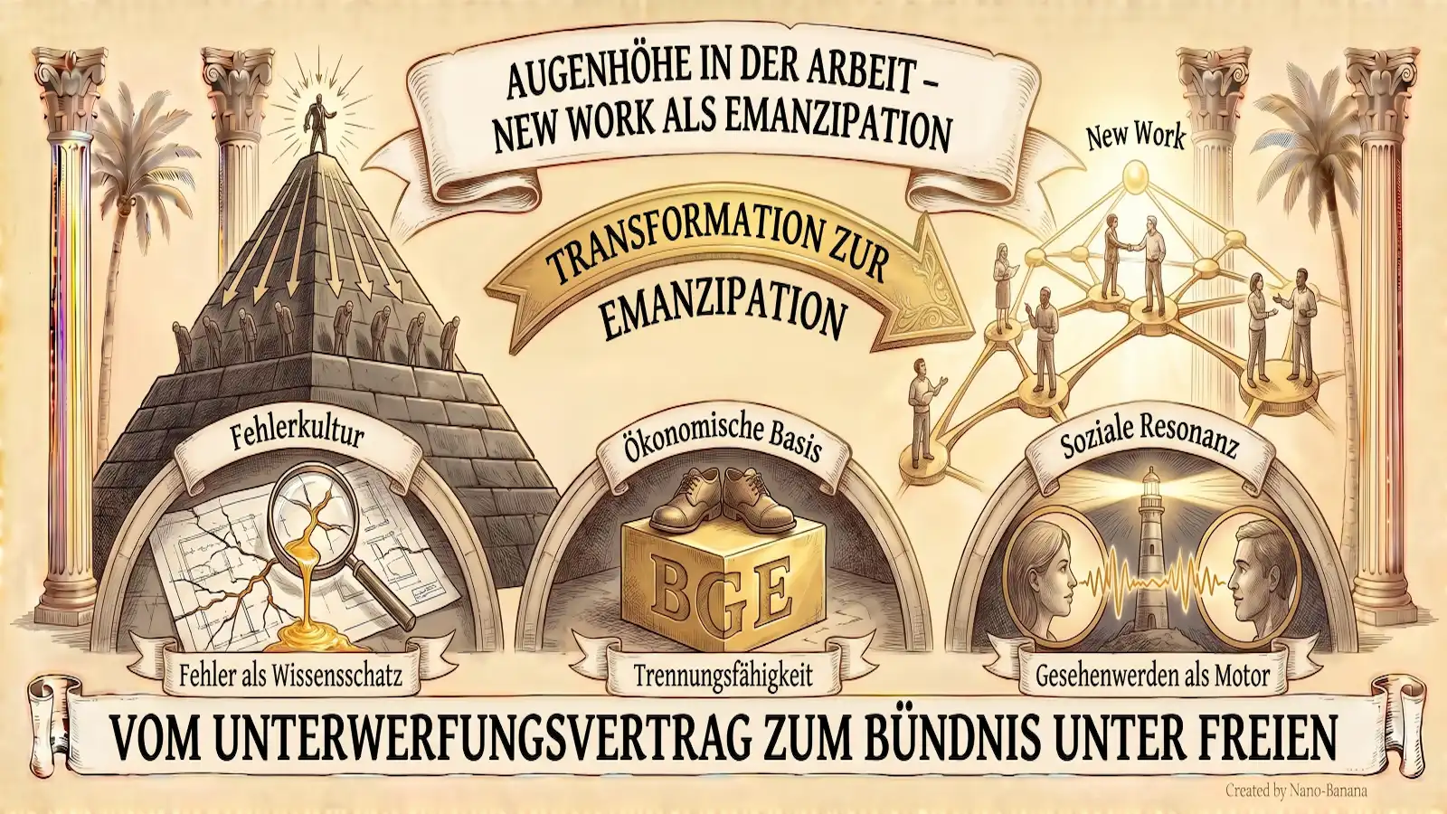 "Sketchnote auf beigem Hintergrund mit schwarzen Konturen und Akzenten in Gold und Braun. Am oberen Rand befindet sich ein Banner mit dem Titel „AUGENHÖHE IN DER ARBEIT“ und dem Untertitel „New Work als emanzipatorische Praxis“. Das Bild ist in drei vertikale Bereiche gegliedert. Die linke Spalte trägt die Überschrift „TRADITIONELLE HIERARCHIE (Command & Control)“ und enthält drei übereinanderliegende Kästen: Im obersten Kasten ist eine Pyramide mit einem Thron und einer Figur mit Krone an der Spitze dargestellt. Ein Pfeil weist nach unten auf kleine Figuren an der Basis. Texte: „Starre Hierarchie & Machtgefälle (Oben denkt, unten lenkt)“ und „Peter-Prinzip: Aufstieg bis zur Unfähigkeit“. Der mittlere Kasten zeigt eine Hand, die anklagend auf eine kleine, weinende Person deutet. Rechts hebt eine Person einen Teppich an, um Zahnräder darunter zu kehren. Texte: „Fehler als Schuld & Scham (Vertuschung & Angst)“ und „Blame Culture: Wer ist schuld?“. Im untersten Kasten rennt eine Person in einem Hamsterrad hinter einer Karotte an einer Angel her, während rechts eine Peitsche zu sehen ist. Texte: „Motivation durch Druck & Anreiz (Zuckerbrot & Peitsche)“ und „Ökonomische Erpressbarkeit“. In der Mitte des Bildes befindet sich ein großer, nach rechts weisender goldener Pfeil mit der Aufschrift „TRANSFORMATION ZU NEW WORK (Kulturwandel & Empowerment)“. Darunter ist ein gesprengtes Kettenglied abgebildet. Die rechte Spalte trägt die Überschrift „ARBEIT AUF AUGENHÖHE (New Work & Partizipation)“ und enthält ebenfalls drei Kästen: Im obersten Kasten sind stilisierte Köpfe in einem kreisförmigen Netzwerk mit Doppelpfeilen angeordnet, die um einen runden Tisch gruppiert sind. Texte: „Fluide Netzwerke & Kompetenzhierarchie (Verantwortung dort, wo das Wissen ist)“ und „4K-Kompetenzen: Kollaboration statt Delegation“. Der mittlere Kasten zeigt eine Gruppe von Menschen an einem Tisch, die gemeinsam Zahnräder untersuchen, wobei eine Person eine Lupe hält. Rechts ist eine ansteigende Kurve in einem Diagramm zu sehen. Texte: „Fehler als Lernchance & Wissensschatz (Transparenz & Analyse)“ und „Learning Culture: Warum ist es passiert?“. Im untersten Kasten stehen sich zwei Personen im Profil gegenüber, zwischen denen eine Wellenform gezeichnet ist. Links steht ein Baum, rechts eine kleine Pflanze und ein Leuchtturm. Texte: „Motivation durch Resonanz & Sinnhaftigkeit (Gesehenwerden & Wirksamkeit)“ und „Soziale Bindung als Motor (Gerhard Roth)“