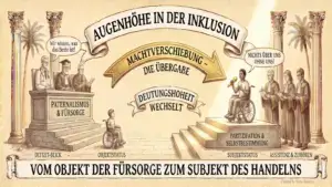 Illustration auf beige-farbenem Hintergrund mit schwarzen Konturen und Akzenten in Gold und Braun. Oben mittig ein Banner: ‚Augenhöhe in der Inklusion'. Im Zentrum zwei geschwungene Bänder: ‚Machtverschiebung – Die Übergabe' mit einem goldenen Pfeil nach rechts, und darunter ‚Deutungshoheit wechselt'. Links ein erhöhtes Podium mit drei Autoritätsfiguren – Arzt, Akademiker, Richter – hinter einem Rednerpult mit der Aufschrift ‚Paternalismus & Fürsorge'. Sprechblase: ‚Wir wissen, was das Beste ist!' Darunter die Labels ‚Defizit-Blick' und ‚Objektstatus'. Im Vordergrund ein Kind im Rollstuhl, klein und allein vor dem Podium. Rechts eine Treppe, auf der eine Person im Rollstuhl sitzt und ein Mikrofon hält. Sprechblase: ‚Nichts über uns ohne uns!' Daneben drei Figuren mit Notizheften – zuhörend, nicht sprechend. Labels: ‚Subjektstatus', ‚Partizipation & Selbstbestimmung', ‚Assistenz & Zuhören'. Links im Hintergrund eine korinthische Säule und eine Palme. Rechts ebenfalls eine Säule und eine Palme. Unten ein Banner: ‚Vom Objekt der Fürsorge zum Subjekt des Handelns'. Unten rechts: ‚Created by Nano-Banana.'