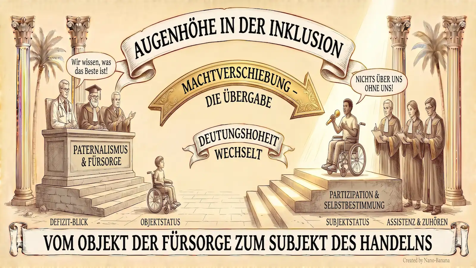 Illustration auf beige-farbenem Hintergrund mit schwarzen Konturen und Akzenten in Gold und Braun. Oben mittig ein Banner: ‚Augenhöhe in der Inklusion'. Im Zentrum zwei geschwungene Bänder: ‚Machtverschiebung – Die Übergabe' mit einem goldenen Pfeil nach rechts, und darunter ‚Deutungshoheit wechselt'. Links ein erhöhtes Podium mit drei Autoritätsfiguren – Arzt, Akademiker, Richter – hinter einem Rednerpult mit der Aufschrift ‚Paternalismus & Fürsorge'. Sprechblase: ‚Wir wissen, was das Beste ist!' Darunter die Labels ‚Defizit-Blick' und ‚Objektstatus'. Im Vordergrund ein Kind im Rollstuhl, klein und allein vor dem Podium. Rechts eine Treppe, auf der eine Person im Rollstuhl sitzt und ein Mikrofon hält. Sprechblase: ‚Nichts über uns ohne uns!' Daneben drei Figuren mit Notizheften – zuhörend, nicht sprechend. Labels: ‚Subjektstatus', ‚Partizipation & Selbstbestimmung', ‚Assistenz & Zuhören'. Links im Hintergrund eine korinthische Säule und eine Palme. Rechts ebenfalls eine Säule und eine Palme. Unten ein Banner: ‚Vom Objekt der Fürsorge zum Subjekt des Handelns'. Unten rechts: ‚Created by Nano-Banana.'