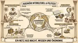 Illustration auf beige-farbenem Hintergrund mit schwarzen Konturen und Akzenten in Gold und Braun. Zwei korinthische Säulen rahmen die Sketchnote ein. Oben mittig ein Banner: ‚Augenhöhe interkulturell & politisch'. Im Zentrum ein Globus, von einem komplexen Fadennetz umspannt, mit einem Fragezeichen und der Aufschrift: ‚Augenhöhe? Ein Geflecht aus offenen Fragen.' Links oben Panel ‚Integration & Gesellschaft (Der normative Blick)': Ein Auge über einem Integrationstrichter, durch den eine diverse Menschengruppe gepresst wird. Labels: ‚Wer definiert die Norm? (Assimilation vs. Teilhabe)', ‚Struktureller Rassismus & Leitkultur', ‚Migranten'. Links davon eine griechische Gelehrtenfigur mit Schülern. Links unten Panel ‚Exil & Migration (Die existenzielle Erschütterung)': Eine Figur sitzt allein auf Stühlen über einer Weltkarte mit Koffer. Labels: ‚Verlust der Selbstverständlichkeit', ‚Heimatverlust → Identitätskrise', ‚Zweiheimischkeit: Kompetenz oder Zerrissenheit?' Rechts oben Panel ‚Wissen & Macht (Die epistemische Gewalt)': Bücherstapel, Globus und Fragezeichen. Labels: ‚W.E.I.R.D. & falsche Universalität (Westliche Norm)', ‚Epistemische (Wessen Wissen zählt?)', ‚Methodenvielfalt als Dekolonisierung'. Rechts davon eine indigene Figur mit Federschmuck im Gespräch mit Kindern. Rechts unten Panel ‚Wirtschaft & Globale Ordnung (Die materielle Not)': Eine Waage mit Geldsack und Fabrik auf einer Seite, Menschen auf der anderen. Labels: ‚Macht der Lieferketten & Brain Drain', ‚Profiteure → Abhängige', ‚Climate Justice & ökologische Schuld'. Unten ein Banner: ‚Ein Netz aus Macht, Wissen und Ökonomie'. Unten rechts: ‚Created by Nano-Banana.'