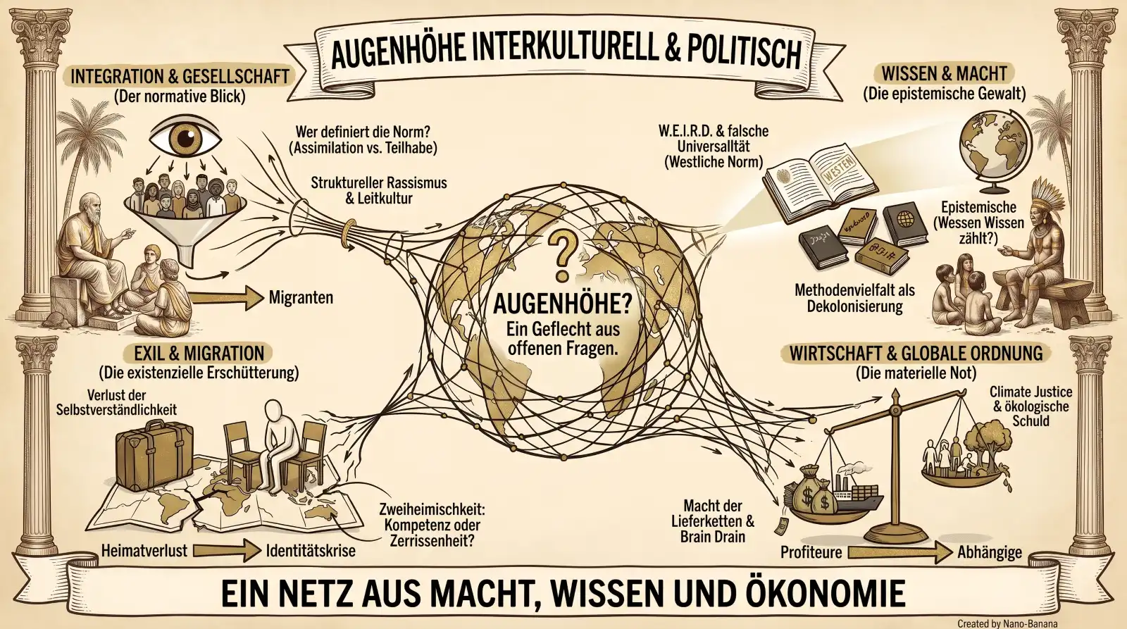 Illustration auf beige-farbenem Hintergrund mit schwarzen Konturen und Akzenten in Gold und Braun. Zwei korinthische Säulen rahmen die Sketchnote ein.
Oben mittig ein Banner: ‚Augenhöhe interkulturell & politisch'.
Im Zentrum ein Globus, von einem komplexen Fadennetz umspannt, mit einem Fragezeichen und der Aufschrift: ‚Augenhöhe? Ein Geflecht aus offenen Fragen.'
Links oben Panel ‚Integration & Gesellschaft (Der normative Blick)': Ein Auge über einem Integrationstrichter, durch den eine diverse Menschengruppe gepresst wird. Labels: ‚Wer definiert die Norm? (Assimilation vs. Teilhabe)', ‚Struktureller Rassismus & Leitkultur', ‚Migranten'. Links davon eine griechische Gelehrtenfigur mit Schülern.
Links unten Panel ‚Exil & Migration (Die existenzielle Erschütterung)': Eine Figur sitzt allein auf Stühlen über einer Weltkarte mit Koffer. Labels: ‚Verlust der Selbstverständlichkeit', ‚Heimatverlust → Identitätskrise', ‚Zweiheimischkeit: Kompetenz oder Zerrissenheit?'
Rechts oben Panel ‚Wissen & Macht (Die epistemische Gewalt)': Bücherstapel, Globus und Fragezeichen. Labels: ‚W.E.I.R.D. & falsche Universalität (Westliche Norm)', ‚Epistemische (Wessen Wissen zählt?)', ‚Methodenvielfalt als Dekolonisierung'. Rechts davon eine indigene Figur mit Federschmuck im Gespräch mit Kindern.
Rechts unten Panel ‚Wirtschaft & Globale Ordnung (Die materielle Not)': Eine Waage mit Geldsack und Fabrik auf einer Seite, Menschen auf der anderen. Labels: ‚Macht der Lieferketten & Brain Drain', ‚Profiteure → Abhängige', ‚Climate Justice & ökologische Schuld'.
Unten ein Banner: ‚Ein Netz aus Macht, Wissen und Ökonomie'. Unten rechts: ‚Created by Nano-Banana.'