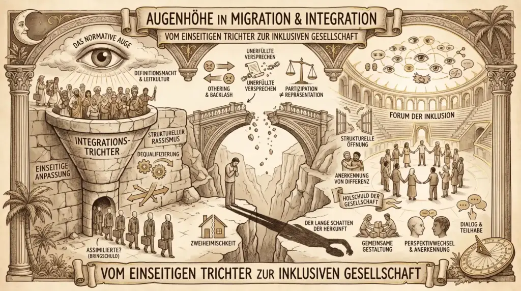 Illustration auf beige-farbenem Hintergrund mit schwarzen Konturen und Akzenten in Gold und Braun. Oben mittig ein Banner: ‚Augenhöhe in Migration & Integration – Vom einseitigen Trichter zur inklusiven Gesellschaft'. Links oben ein allsehendes Auge in einer Wolke: ‚Das normative Auge' mit ‚Definitionsmacht & Leitkultur'. Darunter ein Integrationstrichter, in den eine diverse Menschengruppe gepresst wird. Labels: ‚Einseitige Anpassung', ‚Struktureller Rassismus', ‚Dequalifizierung', ‚Assimilierte? (Bringschuld)'. In der Mitte eine bröckelnde Brücke über einer Schlucht. Eine einsame Figur steht am Rand. Darunter ‚Zweiheimischkeit' mit einem zerrissenen Haus. Oben: ‚Othering & Backlash', ‚Unerfüllte Versprechen', ‚Partizipation ≠ Repräsentation'. Mittig: ‚Der lange Schatten der Herkunft'. Rechts ein heller Rundbau ‚Forum der Inklusion' mit einer Gruppe Menschen, die sich an den Händen halten. Labels: ‚Strukturelle Öffnung', ‚Anerkennung von Differenz', ‚Holschuld der Gesellschaft', ‚Gemeinsame Gestaltung', ‚Perspektivwechsel & Anerkennung', ‚Dialog & Teilhabe'. Rechts oben ein Netzwerk aus Augen als Symbol vernetzter Perspektiven. Rechts unten eine Sonnenuhr als Kompass. Unten ein Banner: ‚Vom einseitigen Trichter zur inklusiven Gesellschaft.'