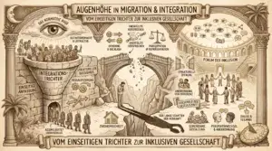 Illustration auf beige-farbenem Hintergrund mit schwarzen Konturen und Akzenten in Gold und Braun. Oben mittig ein Banner: ‚Augenhöhe in Migration & Integration – Vom einseitigen Trichter zur inklusiven Gesellschaft'. Links oben ein allsehendes Auge in einer Wolke: ‚Das normative Auge' mit ‚Definitionsmacht & Leitkultur'. Darunter ein Integrationstrichter, in den eine diverse Menschengruppe gepresst wird. Labels: ‚Einseitige Anpassung', ‚Struktureller Rassismus', ‚Dequalifizierung', ‚Assimilierte? (Bringschuld)'. In der Mitte eine bröckelnde Brücke über einer Schlucht. Eine einsame Figur steht am Rand. Darunter ‚Zweiheimischkeit' mit einem zerrissenen Haus. Oben: ‚Othering & Backlash', ‚Unerfüllte Versprechen', ‚Partizipation ≠ Repräsentation'. Mittig: ‚Der lange Schatten der Herkunft'. Rechts ein heller Rundbau ‚Forum der Inklusion' mit einer Gruppe Menschen, die sich an den Händen halten. Labels: ‚Strukturelle Öffnung', ‚Anerkennung von Differenz', ‚Holschuld der Gesellschaft', ‚Gemeinsame Gestaltung', ‚Perspektivwechsel & Anerkennung', ‚Dialog & Teilhabe'. Rechts oben ein Netzwerk aus Augen als Symbol vernetzter Perspektiven. Rechts unten eine Sonnenuhr als Kompass. Unten ein Banner: ‚Vom einseitigen Trichter zur inklusiven Gesellschaft.'