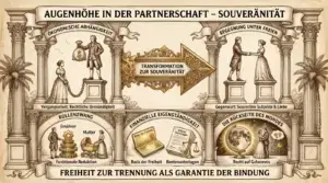 Sketchnote auf beige-farbenem Hintergrund mit schwarzen Konturen und gold-braunen Akzenten. Am oberen Rand befindet sich ein Banner mit dem Titel „AUGENHÖHE IN DER PARTNERSCHAFT“ und dem Untertitel „Souveränität als Basis der Liebe“. Das Bild ist durch ein zentrales Achsenkreuz in vier Quadranten unterteilt. In der Mitte des Kreuzes befindet sich ein kreisförmiger Pfeil mit der Aufschrift „TRANSFORMATION ZUR SOUVERÄNITÄT (Emanzipation & Machtteilung)“. Der Quadrant oben links trägt den Titel „ÖKONOMISCHE ABHÄNGIGKEIT (Versorgerehe)“. Er zeigt einen Mann auf einem kleinen Podest, der einen Geldsack mit Dollarzeichen hält. Eine Kette führt vom Geldsack zu einer Frau, die ein Baby auf dem Arm trägt. Text: „Ernährermodell & Taschengeld“, „Rechtliche Unmündigkeit (bis 1977: Arbeitserlaubnis durch Ehemann)“ und „Abhängigkeit statt Freiwilligkeit“. Der Quadrant oben rechts trägt den Titel „ROLLENZWANG & FUNKTIONALISIERUNG (Er & Sie)“. Er zeigt zwei stilisierte menschliche Silhouetten. In der linken (männlichen) Silhouette sind Zahnräder und ein nach oben gerichteter Pfeil zu sehen. In der rechten (weiblichen) Silhouette sind ein Herz, ein Kochtopf und ein weinendes Babygesicht abgebildet. Text: „Reduktion auf Funktion (Ernährer / Mutter)“, „Illusion der Freiwilligkeit (strukturelle Zwänge)“ und „Verlust des Subjekts“. Der Quadrant unten links trägt den Titel „FINANZIELLE EIGENSTÄNDIGKEIT (Basis der Freiheit)“. Er zeigt einen Mann und eine Frau mit Aktentaschen, die neben einem Tisch stehen. Auf dem Tisch steht eine Balkenwaage, die „Care-Arbeit“ und „Erwerbsarbeit“ gegeneinander abwiegt. Text: „Eigene Erwerbsarbeit & Rentenansprüche“, „Freiheit zur Trennung = Garantie der Freiwilligkeit“ und „Gerechte Verteilung von Care-Arbeit & Mental Load“. Der Quadrant unten rechts trägt den Titel „BEGEGNUNG UNTER FREIEN (Anerkennung & Autonomie)“. Er zeigt einen Mann und eine Frau, die sich vor einer gemauerten Brücke die Hand geben. Hinter dem Mann ist eine Wolke mit verschiedenen Symbolen wie einer Kamera, Zahnrädern, einer Kaffeetasse und Notizen zu sehen. Hinter der Frau ist eine halbmondförmige Landschaft mit einem Berg, Bäumen, einer Glühbirne und einem Herz dargestellt. Text: „Anerkennung als unverfügbares Subjekt“, „Die Rückseite des Mondes (Recht auf Geheimnis & Eigenes)“ und „Liebe als tägliche, freie Wahl!