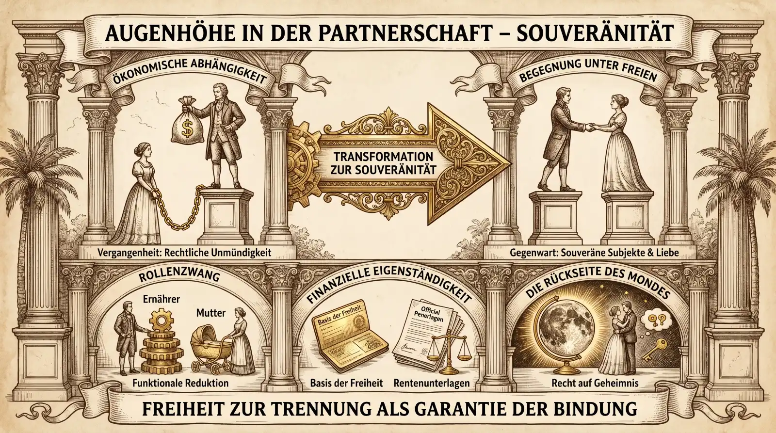Sketchnote auf beige-farbenem Hintergrund mit schwarzen Konturen und gold-braunen Akzenten. Am oberen Rand befindet sich ein Banner mit dem Titel „AUGENHÖHE IN DER PARTNERSCHAFT“ und dem Untertitel „Souveränität als Basis der Liebe“. Das Bild ist durch ein zentrales Achsenkreuz in vier Quadranten unterteilt. In der Mitte des Kreuzes befindet sich ein kreisförmiger Pfeil mit der Aufschrift „TRANSFORMATION ZUR SOUVERÄNITÄT (Emanzipation & Machtteilung)“.
Der Quadrant oben links trägt den Titel „ÖKONOMISCHE ABHÄNGIGKEIT (Versorgerehe)“. Er zeigt einen Mann auf einem kleinen Podest, der einen Geldsack mit Dollarzeichen hält. Eine Kette führt vom Geldsack zu einer Frau, die ein Baby auf dem Arm trägt. Text: „Ernährermodell & Taschengeld“, „Rechtliche Unmündigkeit (bis 1977: Arbeitserlaubnis durch Ehemann)“ und „Abhängigkeit statt Freiwilligkeit“.
Der Quadrant oben rechts trägt den Titel „ROLLENZWANG & FUNKTIONALISIERUNG (Er & Sie)“. Er zeigt zwei stilisierte menschliche Silhouetten. In der linken (männlichen) Silhouette sind Zahnräder und ein nach oben gerichteter Pfeil zu sehen. In der rechten (weiblichen) Silhouette sind ein Herz, ein Kochtopf und ein weinendes Babygesicht abgebildet. Text: „Reduktion auf Funktion (Ernährer / Mutter)“, „Illusion der Freiwilligkeit (strukturelle Zwänge)“ und „Verlust des Subjekts“.
Der Quadrant unten links trägt den Titel „FINANZIELLE EIGENSTÄNDIGKEIT (Basis der Freiheit)“. Er zeigt einen Mann und eine Frau mit Aktentaschen, die neben einem Tisch stehen. Auf dem Tisch steht eine Balkenwaage, die „Care-Arbeit“ und „Erwerbsarbeit“ gegeneinander abwiegt. Text: „Eigene Erwerbsarbeit & Rentenansprüche“, „Freiheit zur Trennung = Garantie der Freiwilligkeit“ und „Gerechte Verteilung von Care-Arbeit & Mental Load“.
Der Quadrant unten rechts trägt den Titel „BEGEGNUNG UNTER FREIEN (Anerkennung & Autonomie)“. Er zeigt einen Mann und eine Frau, die sich vor einer gemauerten Brücke die Hand geben. Hinter dem Mann ist eine Wolke mit verschiedenen Symbolen wie einer Kamera, Zahnrädern, einer Kaffeetasse und Notizen zu sehen. Hinter der Frau ist eine halbmondförmige Landschaft mit einem Berg, Bäumen, einer Glühbirne und einem Herz dargestellt. Text: „Anerkennung als unverfügbares Subjekt“, „Die Rückseite des Mondes (Recht auf Geheimnis & Eigenes)“ und „Liebe als tägliche, freie Wahl!