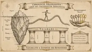 Sketchnote auf beige-farbenem Hintergrund mit schwarzen Konturen und Akzenten in Gold und Braun. Oben mittig ein Banner: ‚Chronische Krankheiten – Leben mit dauerhafter Erkrankung'. Links ein Eisberg als Metapher. Die Spitze über der Wasserlinie: ‚Diagnose – Sichtbar'. Unterhalb der Linie ‚Unsichtbar' die Schichten: Unsichtbare Last, Fatigue, Schmerz, Planung, Emotionale Arbeit. In der Mitte eine balancierende Figur auf einer Wellenlinie, die auf einem Tempel mit der Aufschrift ‚Teilhabe' steht. Drei Säulen: 1. Körperfunktionen (Funktionen), 2. Aktivität (Aktivität), 3. Partizipation (Partizipation). Rechts oben ‚Energiemanagement (Spoons)': Eine Hand hält goldene Löffel. Zwei Labels: ‚Verbraucht' und ‚Verfügbar'. Darunter ein Kasten mit drei Punkten: ‚Keine Heilung, aber Gestaltung. Unsichtbare Barrieren abbauen. Ressourcen-Fokus statt Defizit.' Unten ein Banner: ‚Flexibilität & Expertise der Betroffenen.'