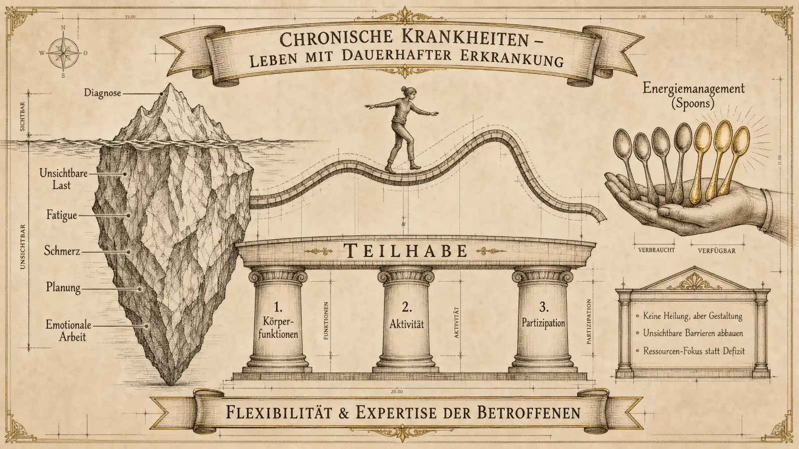 Sketchnote auf beige-farbenem Hintergrund mit schwarzen Konturen und Akzenten in Gold und Braun. Oben mittig ein Banner: ‚Chronische Krankheiten – Leben mit dauerhafter Erkrankung'. Links ein Eisberg als Metapher. Die Spitze über der Wasserlinie: ‚Diagnose – Sichtbar'. Unterhalb der Linie ‚Unsichtbar' die Schichten: Unsichtbare Last, Fatigue, Schmerz, Planung, Emotionale Arbeit. In der Mitte eine balancierende Figur auf einer Wellenlinie, die auf einem Tempel mit der Aufschrift ‚Teilhabe' steht. Drei Säulen: 1. Körperfunktionen (Funktionen), 2. Aktivität (Aktivität), 3. Partizipation (Partizipation). Rechts oben ‚Energiemanagement (Spoons)': Eine Hand hält goldene Löffel. Zwei Labels: ‚Verbraucht' und ‚Verfügbar'. Darunter ein Kasten mit drei Punkten: ‚Keine Heilung, aber Gestaltung. Unsichtbare Barrieren abbauen. Ressourcen-Fokus statt Defizit.' Unten ein Banner: ‚Flexibilität & Expertise der Betroffenen.'