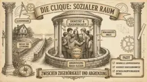 Sketchnote auf beige-farbenem Hintergrund mit schwarzen Konturen und Akzenten in Gold und Braun. Zwei Säulen rahmen die Sketchnote ein, Zahnräder und Kompass im Hintergrund. Oben mittig ein Banner mit dem Titel ‚Die Clique: Sozialer Raum'. Im Zentrum ein Rundbau mit Säulen, in dem eine Gruppe von sechs Jugendlichen zusammensteht. In der Mitte der Gruppe ein Schild mit ‚Schutz & Rückhalt'. Oben am Rundbau: ‚Identität & Zugehörigkeit'. Unten am Rundbau: ‚Abgrenzung nach außen'. Rechts außen: ‚Konformitätsdruck'. Links ein Haus im Hintergrund mit einer Brücke, die zum Rundbau führt. Labels: ‚Elternhaus' und ‚Brücke zur Autonomie'. Unten ein Banner: ‚Zwischen Zugehörigkeit und Abgrenzung'. Rechts ein Fazit-Kasten: ‚Informelle Gruppenstruktur. Sicherheit durch Konformität. Entwicklungspsychologische Brücke.'