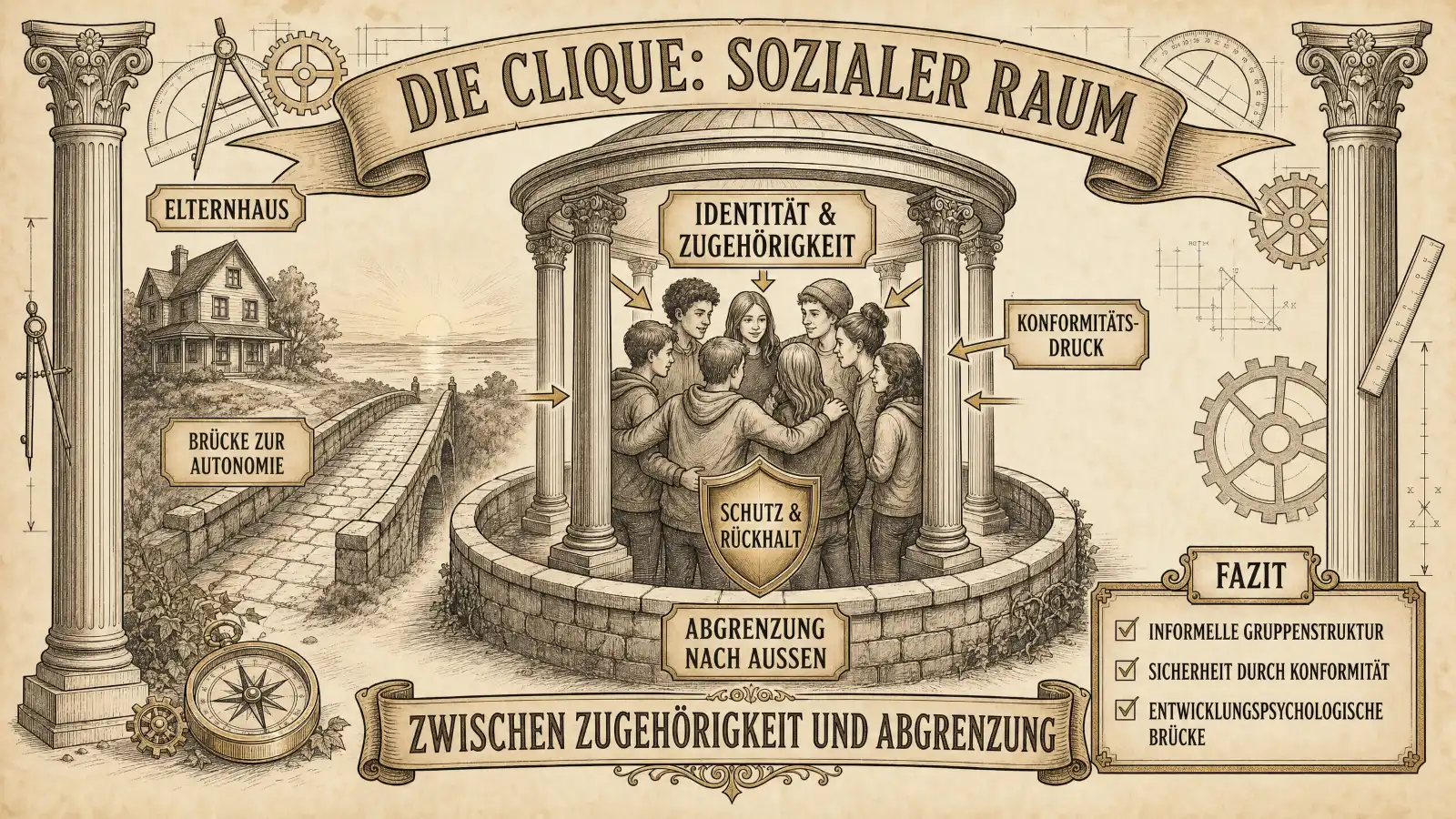 Sketchnote auf beige-farbenem Hintergrund mit schwarzen Konturen und Akzenten in Gold und Braun. Zwei Säulen rahmen die Sketchnote ein, Zahnräder und Kompass im Hintergrund. Oben mittig ein Banner mit dem Titel ‚Die Clique: Sozialer Raum'. Im Zentrum ein Rundbau mit Säulen, in dem eine Gruppe von sechs Jugendlichen zusammensteht. In der Mitte der Gruppe ein Schild mit ‚Schutz & Rückhalt'. Oben am Rundbau: ‚Identität & Zugehörigkeit'. Unten am Rundbau: ‚Abgrenzung nach außen'. Rechts außen: ‚Konformitätsdruck'. Links ein Haus im Hintergrund mit einer Brücke, die zum Rundbau führt. Labels: ‚Elternhaus' und ‚Brücke zur Autonomie'. Unten ein Banner: ‚Zwischen Zugehörigkeit und Abgrenzung'. Rechts ein Fazit-Kasten: ‚Informelle Gruppenstruktur. Sicherheit durch Konformität. Entwicklungspsychologische Brücke.'