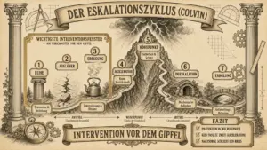 Sketchnote auf beige-farbenem Hintergrund mit schwarzen Konturen und Akzenten in Gold und Braun. Zwei Säulen rahmen die Sketchnote ein, Zahnräder und Werkzeuge im Hintergrund.Oben mittig ein Banner mit dem Titel ‚Die 9 Stufen der Konflikteskalation' und dem Untertitel ‚Abwärtsspirale'.Im Zentrum eine bröckelnde Wendeltreppe, die neun Stufen nach unten führt: 1. Verhärtung, 2. Debatte, 3. Taten statt Worte, 4. Images & Koalitionen, 5. Gesichtsverlust, 6. Drohstrategien, 7. Begrenzte Vernichtung, 8. Zersplitterung, 9. Gemeinsam in den Abgrund.Links drei Ebenen-Labels: ‚Ebene 1 – Win-Win, Kooperation' mit einer Brücke; ‚Ebene 2 – Win-Lose, Wettbewerb' mit einer Theatermaske; ‚Ebene 3 – Lose-Lose, Zerstörung' mit zerbrochenen Säulen.Rechts oben ein Rettungsring mit ‚Moderation / Mediation'. Rechts mittig eine Schraube mit ‚Machteingriff'.Unten ein Banner: ‚Die Gravitationskraft des Konflikts'. Rechts ein Fazit-Kasten: ‚Eigendynamik unterbrechen. Ebenen-gerechte Intervention. Vom Dialog zur Destruktion.'