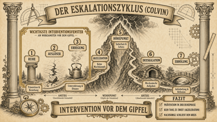Sketchnote auf beige-farbenem Hintergrund mit schwarzen Konturen und Akzenten in Gold und Braun. Zwei Säulen rahmen die Sketchnote ein, Zahnräder und Kompass im Hintergrund.Oben mittig ein Banner mit dem Titel ‚Der Eskalationszyklus (Colvin)'.Im Zentrum eine Berglandschaft, die den Intensitätsverlauf der sieben Phasen zeigt. Links der Anstieg mit zunehmender Intensität, in der Mitte der Gipfel mit Blitzen und Gewitter, rechts der Abstieg mit abnehmender Intensität.Die sieben Phasen sind als Stationen entlang des Weges markiert: 1. Ruhe – Prävention & Beziehung. 2. Auslöser – mit einem rissigen Boden. 3. Erregung – mit einem kochenden Kessel und ‚Unterstützung & Distanz'. 4. Akzeleration – ‚Keine Machtskämpfe'. 5. Höhepunkt – ‚Sicherheit & Schutz' mit Blitz und Sturm. 6. Deeskalation – ‚Mechanische Aufgaben' mit einem Tunnel. 7. Erholung – ‚Aufarbeitung & Reflexion' mit einer Brücke.Links oben ein Kasten ‚Wichtigstes Interventionsfenster – Am wirksamsten vor dem Gipfel' mit den Phasen 1–3 hervorgehoben.Unten ein Banner: ‚Intervention vor dem Gipfel'. Rechts ein Fazit-Kasten: ‚Prävention in der Ruhephase. Kein Tanz zu zweit (Akzeleration). Nachsorge schließt den Kreis.'