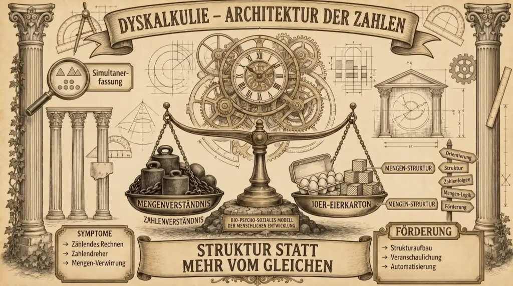 Sketchnote auf beige-farbenem Hintergrund mit schwarzen Konturen und Akzenten in Gold und Braun. Zwei mit Efeu bewachsene Säulen rahmen die Sketchnote ein, geometrische Zeichnungen und Zahnräder im Hintergrund.
Oben mittig ein Banner: ‚Dyskalkulie – Architektur der Zahlen'.
Links oben eine Lupe mit ‚Simultanerfassung' und geometrischen Formen darunter. Links unten ein Kasten ‚Symptome': Zählendes Rechnen, Zahlendreher, Mengen-Verwirrung.
Im Zentrum eine große Apothekerwaage. Links die schwere Schale ‚Mengenverständnis / Zahlenverständnis' mit eisernen Gewichten und Ketten. Rechts die leichtere Schale mit einem Zehner-Eierkarton, Holzwürfeln und dem Label ‚10er-Eierkarton – Mengen-Struktur'. Über der Waage eine ornamentale Uhr mit Zahnrädern. Darunter: ‚Bio-psycho-soziales Modell der menschlichen Entwicklung'.
Rechts oben geometrische Diagramme, ein Tempel und ein Wegweiser mit: Orientierung, Struktur, Zahlenfolgen, Mengen-Logik, Förderung.
Rechts unten ein Kasten ‚Förderung': Strukturaufbau, Veranschaulichung, Automatisierung.
Unten ein Banner: ‚Struktur statt mehr vom Gleichen.'