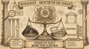 Sketchnote auf beige-farbenem Hintergrund mit schwarzen Konturen und Akzenten in Gold und Braun. Zwei mit Efeu bewachsene Säulen rahmen die Sketchnote ein, geometrische Zeichnungen und Zahnräder im Hintergrund. Oben mittig ein Banner: ‚Dyskalkulie – Architektur der Zahlen'. Links oben eine Lupe mit ‚Simultanerfassung' und geometrischen Formen darunter. Links unten ein Kasten ‚Symptome': Zählendes Rechnen, Zahlendreher, Mengen-Verwirrung. Im Zentrum eine große Apothekerwaage. Links die schwere Schale ‚Mengenverständnis / Zahlenverständnis' mit eisernen Gewichten und Ketten. Rechts die leichtere Schale mit einem Zehner-Eierkarton, Holzwürfeln und dem Label ‚10er-Eierkarton – Mengen-Struktur'. Über der Waage eine ornamentale Uhr mit Zahnrädern. Darunter: ‚Bio-psycho-soziales Modell der menschlichen Entwicklung'. Rechts oben geometrische Diagramme, ein Tempel und ein Wegweiser mit: Orientierung, Struktur, Zahlenfolgen, Mengen-Logik, Förderung. Rechts unten ein Kasten ‚Förderung': Strukturaufbau, Veranschaulichung, Automatisierung. Unten ein Banner: ‚Struktur statt mehr vom Gleichen.'