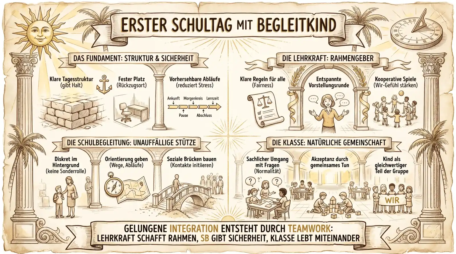 „Illustration auf beige-farbenem, leicht vergilbtem Hintergrund mit schwarzen Konturen und Akzenten in Gold und Braun. Zwei korinthische Säulen und Palmen rahmen die Sketchnote ein. Oben links eine strahlende Sonne, oben rechts eine Sonnenuhr. Oben mittig ein Banner: ‚Erster Schultag mit Begleitkind'. Vier Panels in zwei Reihen. Links oben ‚Das Fundament: Struktur & Sicherheit': Steinquader als Fundament, ein Anker mit Stuhl als Rückzugsort, ein Zeitpfeil mit den Stationen Ankunft, Morgenkreis, Lernzeit, Pause, Abschluss. Labels: ‚Klare Tagesstruktur (gibt Halt)', ‚Fester Platz (Rückzugsort)', ‚Vorhersehbare Abläufe (reduziert Stress)'. Rechts oben ‚Die Lehrkraft: Rahmengeber': Eine Lehrkraft vor einem Torbogen, daneben eine Schriftrolle mit Checkliste und eine Kindergruppe im Kreis. Labels: ‚Klare Regeln für alle (Fairness)', ‚Entspannte Vorstellungsrunde', ‚Kooperative Spiele (Wir-Gefühl stärken)'. Links unten ‚Die Schulbegleitung: Unauffällige Stütze': Eine Schulbegleiterin diskret im Hintergrund, ein Kompass mit Karte, eine Brücke mit Figuren. Labels: ‚Diskret im Hintergrund (keine Sonderrolle)', ‚Orientierung geben (Wege, Abläufe)', ‚Soziale Brücken bauen (Kontakte initiieren)'. Rechts unten ‚Die Klasse: Natürliche Gemeinschaft': Kinder an Tischen im Gespräch, Kinder beim Bauen mit Holzklötzen und ‚WIR'-Schild. Labels: ‚Sachlicher Umgang mit Fragen (Normalität)', ‚Akzeptanz durch gemeinsames Tun', ‚Kind als gleichwertiger Teil der Gruppe'. Unten ein Banner: ‚Gelungene Integration entsteht durch Teamwork: Lehrkraft schafft Rahmen, SB gibt Sicherheit, Klasse lebt miteinander.'"