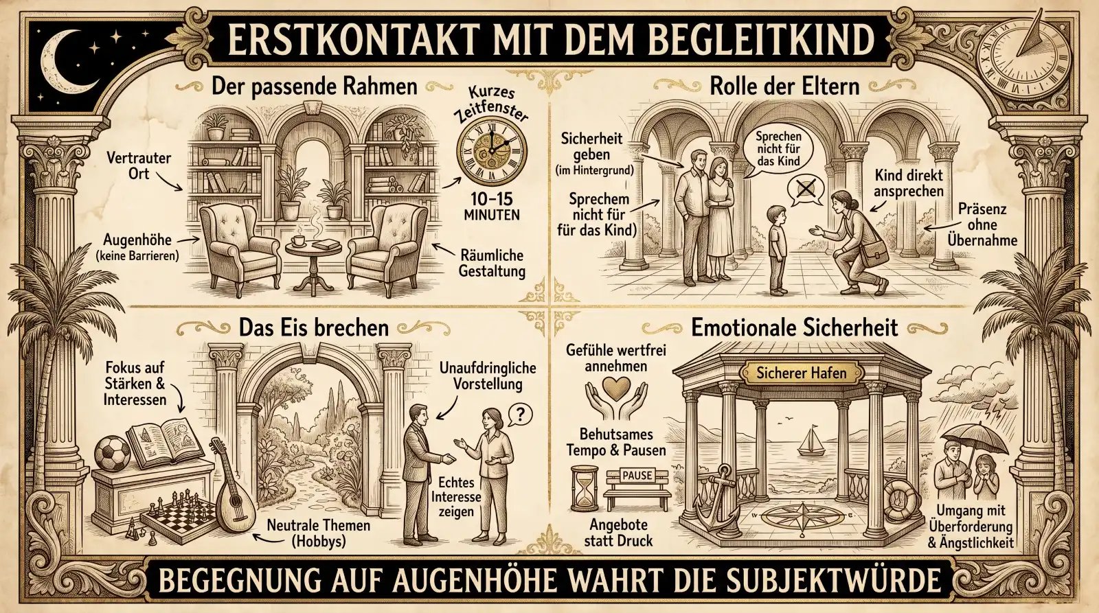Illustration auf beige-farbenem, leicht vergilbtem Hintergrund mit schwarzen Konturen und Akzenten in Gold und Braun. Ornamentaler Rahmen mit korinthischen Säulen und Palmen. Oben links Halbmond mit Sternen, oben rechts eine Uhr. Oben mittig ein Banner: ‚Erstkontakt mit dem Begleitkind'. Vier Panels in zwei Reihen. Links oben ‚Der passende Rahmen': Ein gemütlicher Raum mit zwei Sesseln, Bücherregal und Pflanze. Eine Uhr zeigt ‚Kurzes Zeitfenster – 10–15 Minuten'. Labels: ‚Vertrauter Ort', ‚Augenhöhe (keine Barrieren)', ‚Räumliche Gestaltung'. Rechts oben ‚Rolle der Eltern': Elternpaar im Hintergrund, Schulbegleiterin geht in die Knie vor dem Kind. Labels: ‚Sicherheit geben (im Hintergrund)', ‚Sprechen nicht für das Kind', ‚Kind direkt ansprechen', ‚Präsenz ohne Übernahme'. Links unten ‚Das Eis brechen': Zwei Figuren im Gespräch unter einem Torbogen, davor Fußball, Buch, Gitarre und Schachbrett. Labels: ‚Fokus auf Stärken & Interessen', ‚Neutrale Themen (Hobbys)', ‚Unaufdringliche Vorstellung', ‚Echtes Interesse zeigen'. Rechts unten ‚Emotionale Sicherheit': Ein Pavillon am Wasser mit Anker und Rettungsring – ‚Sicherer Hafen'. Eine Sanduhr mit ‚Pause'-Schild. Rechts eine Figur mit Regenschirm im Sturm. Labels: ‚Gefühle wertfrei annehmen', ‚Behutsames Tempo & Pausen', ‚Angebote statt Druck', ‚Umgang mit Überforderung & Ängstlichkeit'. Unten ein Banner: ‚Begegnung auf Augenhöhe wahrt die Subjektwürde.'"