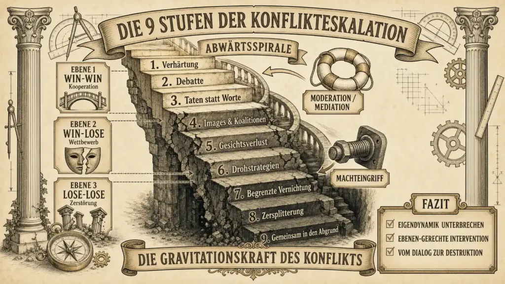 Sketchnote auf beige-farbenem Hintergrund mit schwarzen Konturen und Akzenten in Gold und Braun. Zwei Säulen rahmen die Sketchnote ein, Zahnräder und Werkzeuge im Hintergrund.Oben mittig ein Banner mit dem Titel ‚Die 9 Stufen der Konflikteskalation' und dem Untertitel ‚Abwärtsspirale'.Im Zentrum eine bröckelnde Wendeltreppe, die neun Stufen nach unten führt: 1. Verhärtung, 2. Debatte, 3. Taten statt Worte, 4. Images & Koalitionen, 5. Gesichtsverlust, 6. Drohstrategien, 7. Begrenzte Vernichtung, 8. Zersplitterung, 9. Gemeinsam in den Abgrund.Links drei Ebenen-Labels: ‚Ebene 1 – Win-Win, Kooperation' mit einer Brücke; ‚Ebene 2 – Win-Lose, Wettbewerb' mit einer Theatermaske; ‚Ebene 3 – Lose-Lose, Zerstörung' mit zerbrochenen Säulen.Rechts oben ein Rettungsring mit ‚Moderation / Mediation'. Rechts mittig eine Schraube mit ‚Machteingriff'.Unten ein Banner: ‚Die Gravitationskraft des Konflikts'. Rechts ein Fazit-Kasten: ‚Eigendynamik unterbrechen. Ebenen-gerechte Intervention. Vom Dialog zur Destruktion.'