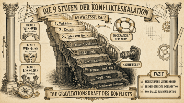 Glasl zeigt, dass Konflikte nicht eskalieren, weil die Beteiligten böswillig sind, sondern weil jede Stufe eine eigene Logik erzeugt, der man kaum entkommt. Was auf Stufe zwei noch durch ein offenes Gespräch lösbar wäre, ist auf Stufe fünf bereits eine Frage der Würde. Und auf Stufe neun zählt nur noch der gemeinsame Untergang.