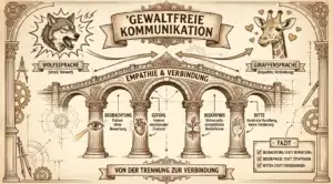 Sketchnote auf beige-farbenem Hintergrund mit schwarzen Konturen und Akzenten in Gold und Braun.Oben mittig ein Banner mit dem Titel ‚Gewaltfreie Kommunikation'. Links ein knurrender Wolf mit der Aufschrift ‚Wolfssprache (Urteil, Vorwurf)', rechts eine Giraffe mit Herzen und der Aufschrift ‚Giraffensprache (Empathie, Verbindung)'. Ein Pfeil verbindet beide über die Brücke.Im Zentrum eine steinerne Brücke mit vier Bögen, die als Säulen der GFK dienen. Über der Brücke: ‚Empathie & Verbindung'. Die vier Bögen zeigen: ‚Beobachtung – Fakten ohne Bewertung' mit Auge, ‚Gefühl – Innerer emotionaler Zustand' mit Herz, ‚Bedürfnis – Universelle menschliche Bedürfnisse' mit Pflanzensymbol, ‚Bitte – Konkrete Handlung, keine Forderung' mit offener Hand.Unten ein Banner: ‚Von der Trennung zur Verbindung'. Rechts ein Fazit-Kasten: ‚Beobachtung statt Bewertung. Bedürfnisse statt Strategien. Bitten statt Forderungen.'